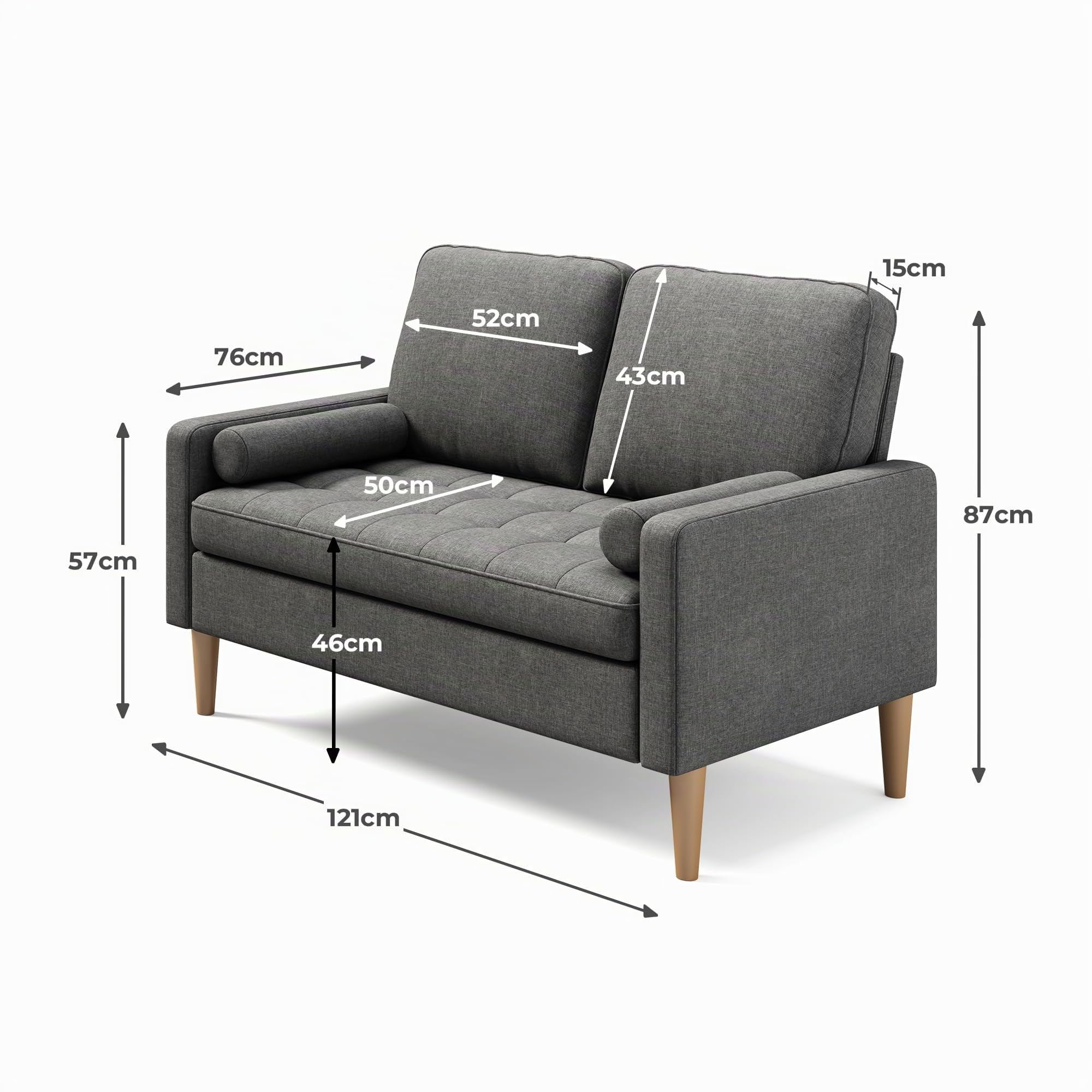 Sofa 2 Sitzer Klein, 121cm Couch 2 Sitzer, Kleine Stoffcouch