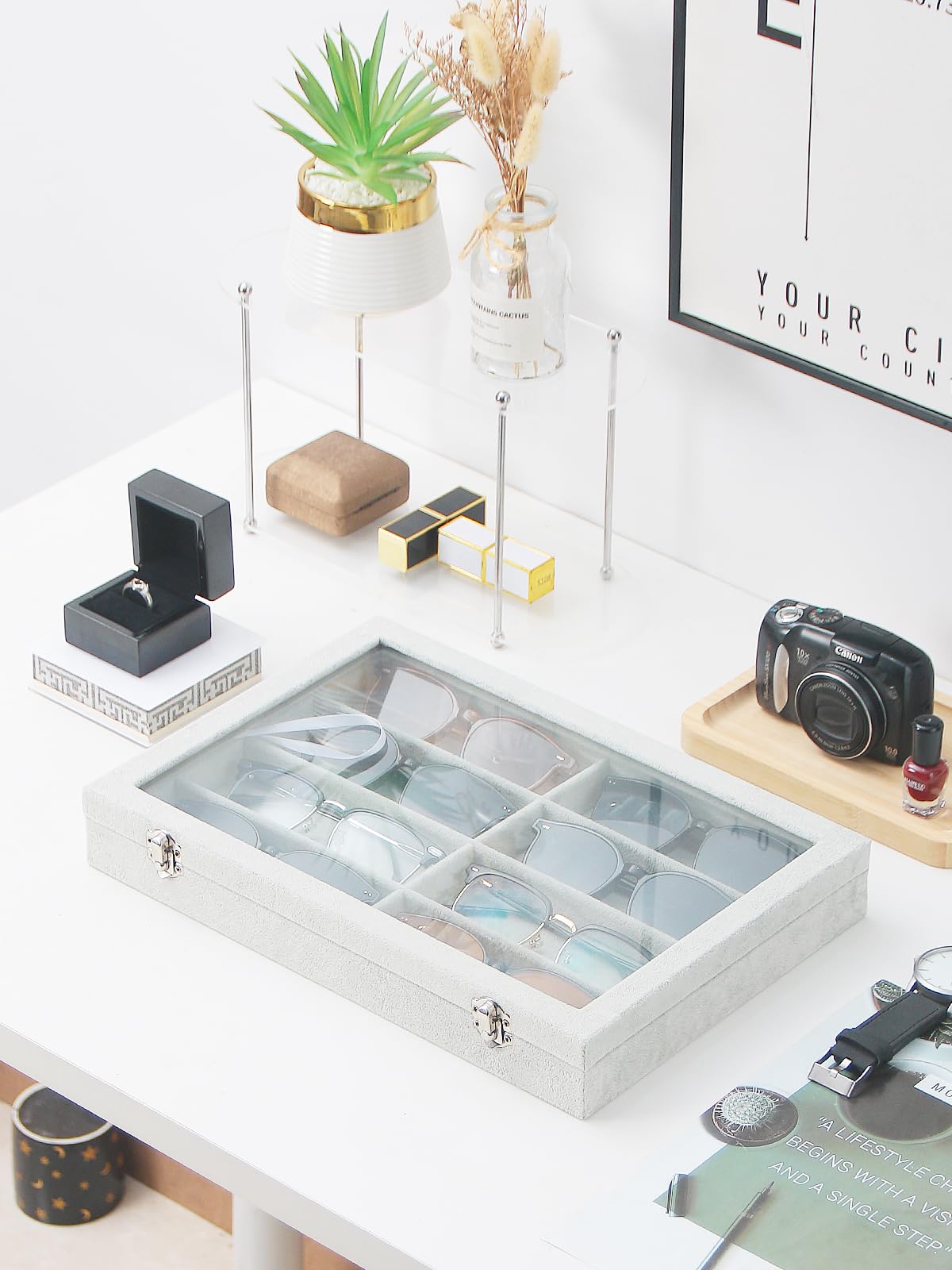 Bandeja organizadora de gafas de sol para joyas, caja de terciopelo gris para gafas, organizador de gafas para escritorio en casa o exhibición de espectáculos de ventas (con tapa)