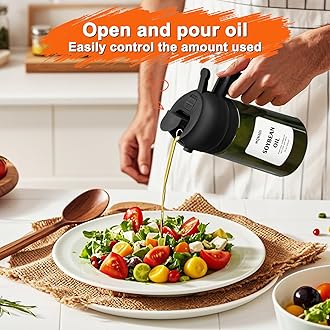 Oil Sprayer for Cooking, 2 in 1 Olive Oil Dispenser Bottle for Kitchen, 16oz/470ml Premium Glass Oil Bottle, Food-grade Oil Mister for Air Fryer, Salad, Frying, BBQ (White + Dark Green Bottle)