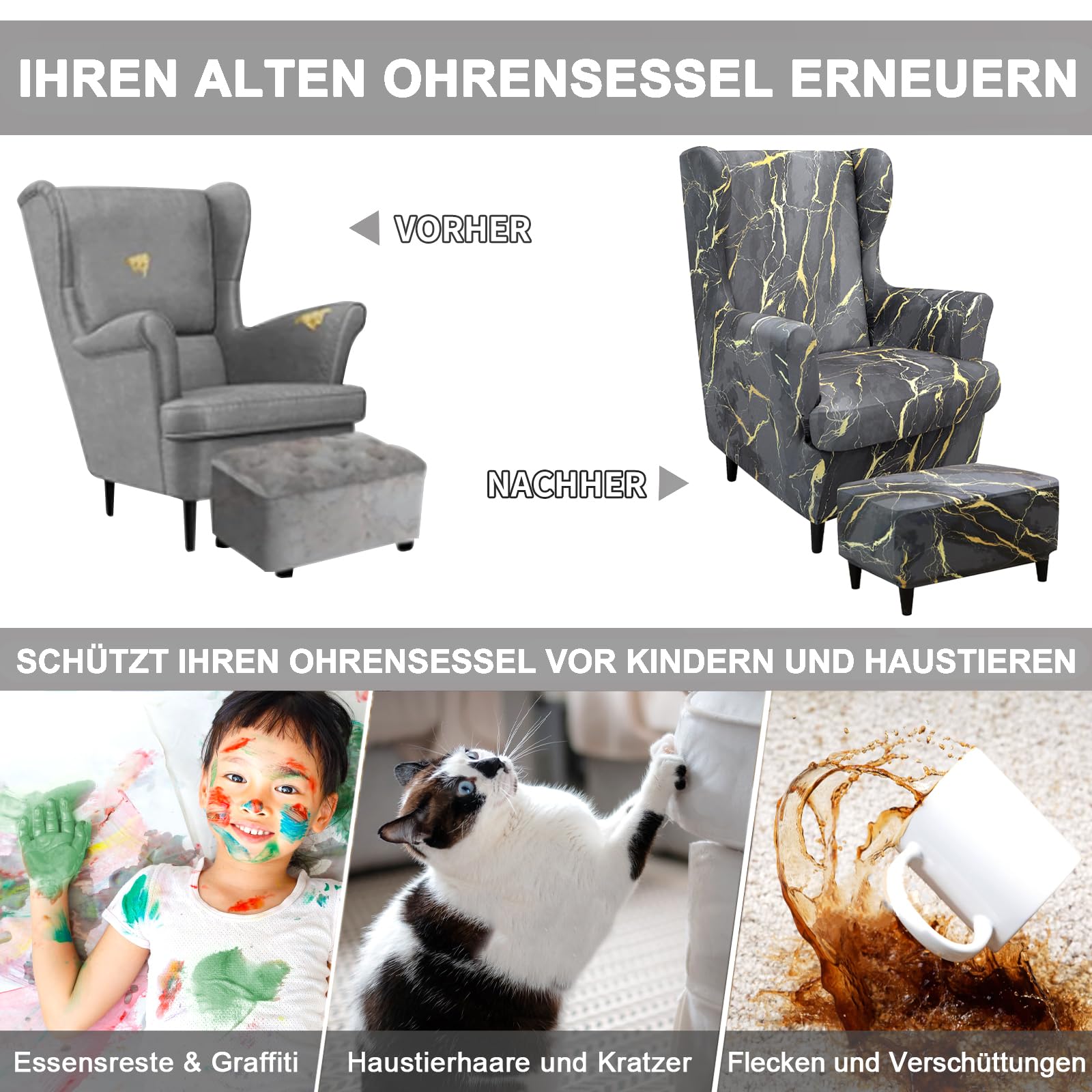 Alishomtll Rivestimento per poltrona, 3 pezzi, con pouf, elasticizzato, coprisedia da spiaggia, tigre, con bracciolo, schienale alto, universale (grigio oro)