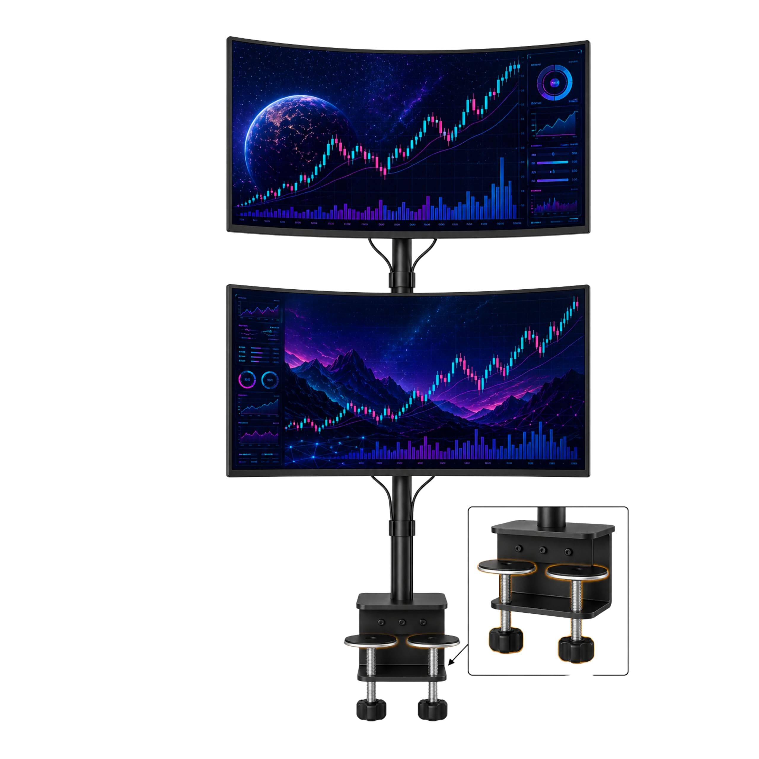 Vertical Dual Monitor Stand | Stacked One Above Other | Large Dual C-Clamp | 810mm Single-Pole | 10 KG Per Arm | 10–32" | Tilt Swivel Rotation | 3 Year Warranty | WFH Trading Gaming-image-17