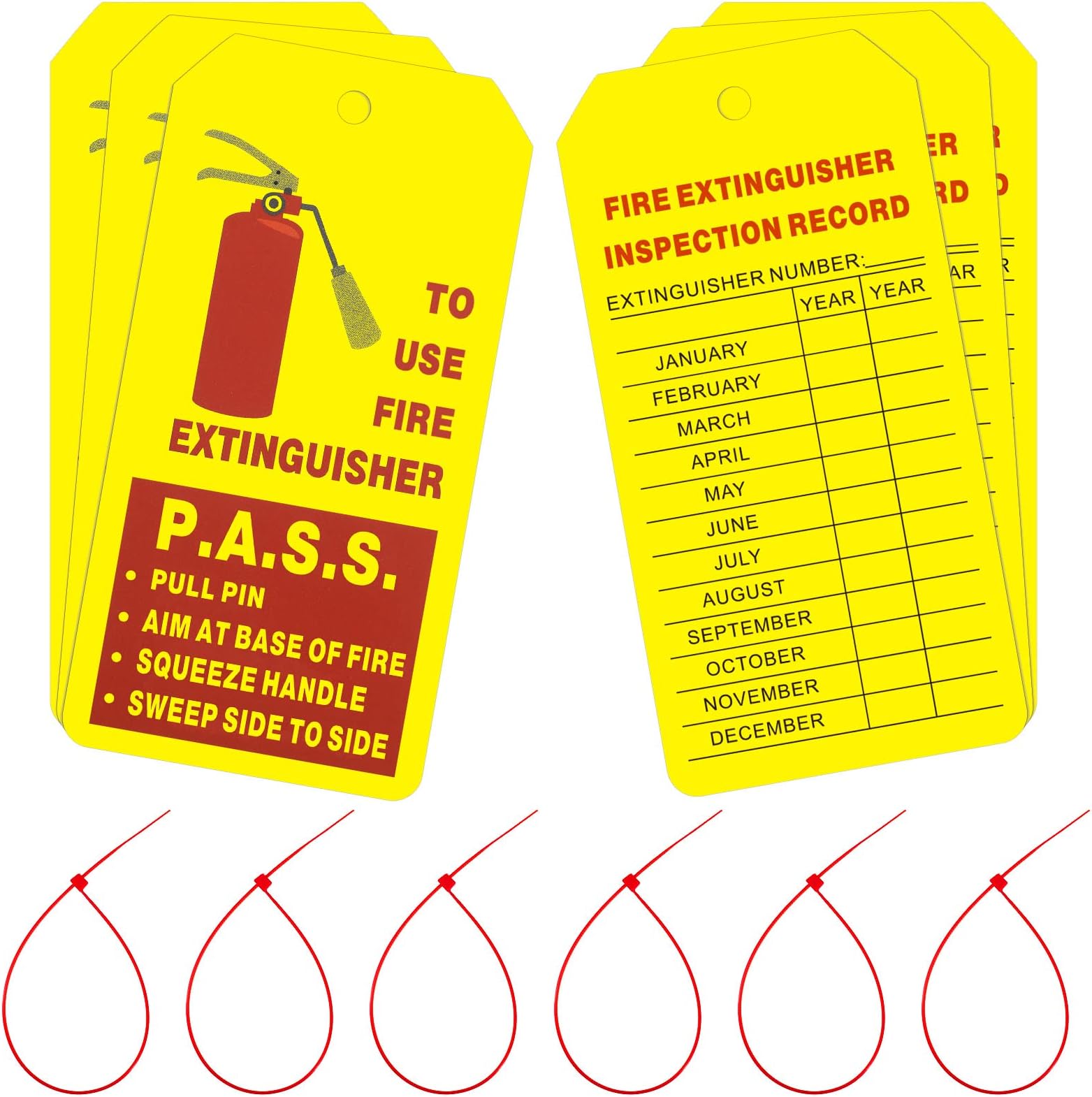 Fire Extinguisher Tags with Adjustable Wire Ties Fire Extinguisher Recharge and Inspection Record for Indoor Outdoor Fire Extinguishers, 4.2 x 2.1 Inch (Red and Yellow)