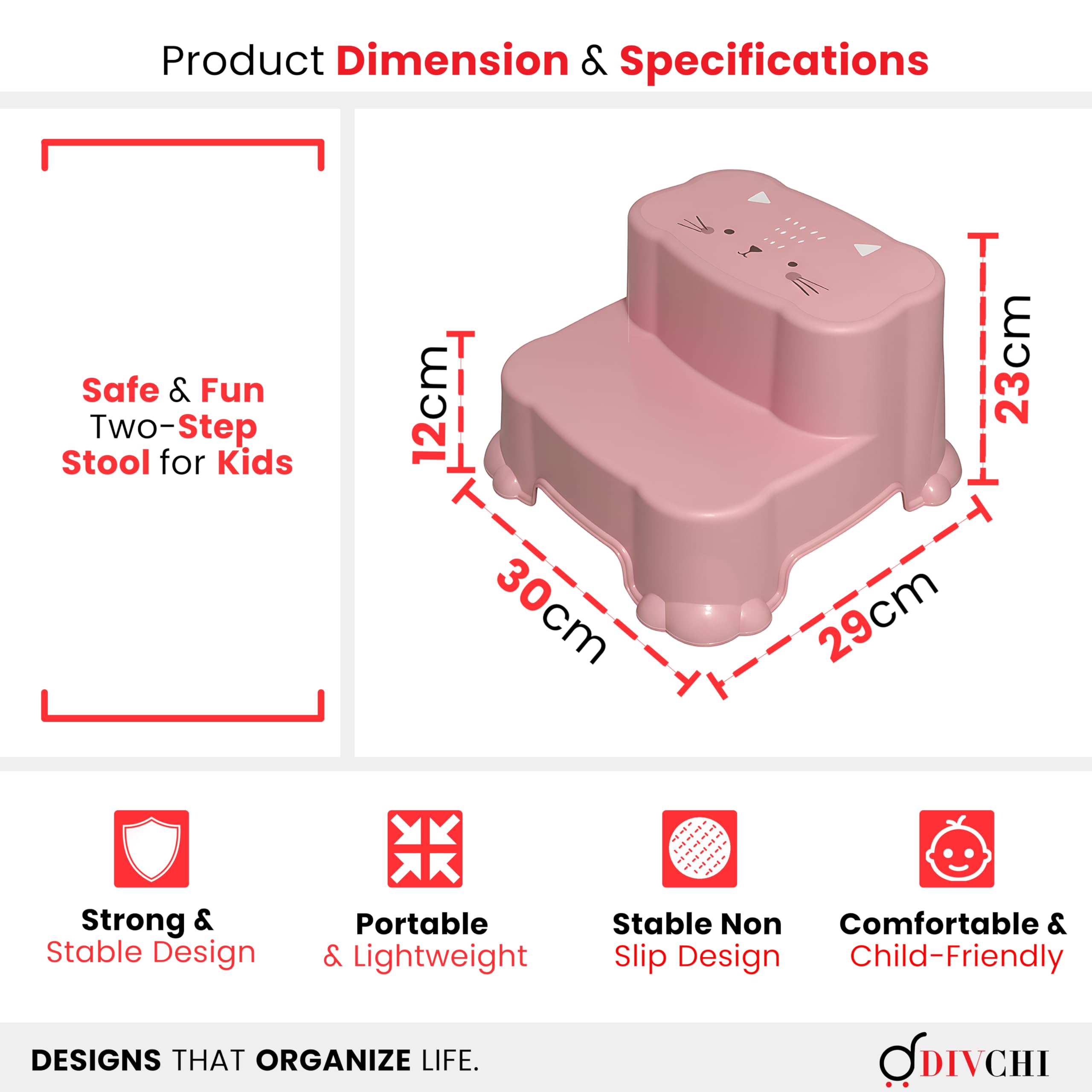 DIVCHI Two-Step Stool For Kids Slip Ressistant Rubber Grip Nursery Step Stools Lightweight Portable Potty Training Stool With Non Slip Base For Bathroom & Kitchen (Pink) — view 2