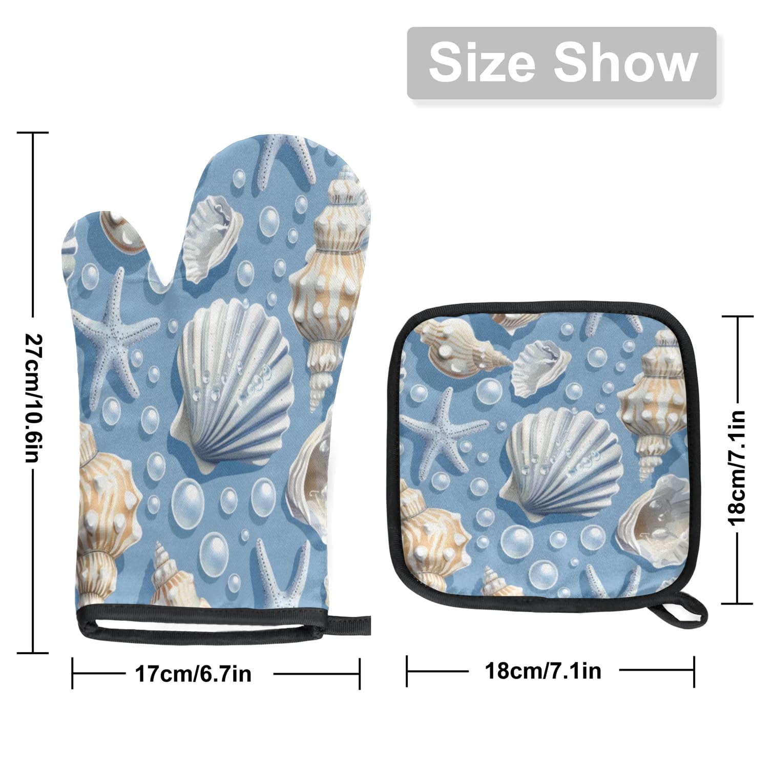 Beautiful Starfish Shell Conch Oven Mitts Kitchen Oven Gloves for Cooking Baking Heat Proof Lining Cotton Kitchen Potholder Mittens Pot Holders Hot Pads for Chef Women Men