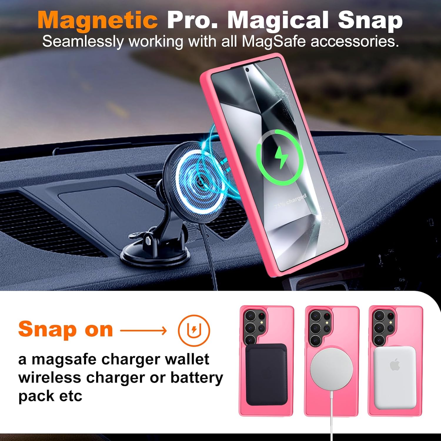 Hualele Magnetic for Samsung Galaxy S25 Ultra Case, Compatible with MagSafe, Military Grade Dropproof Translucent Matte Hard Back Slim Protective for Samsung S25 Ultra 5G Case, Hot Pink - Image 2