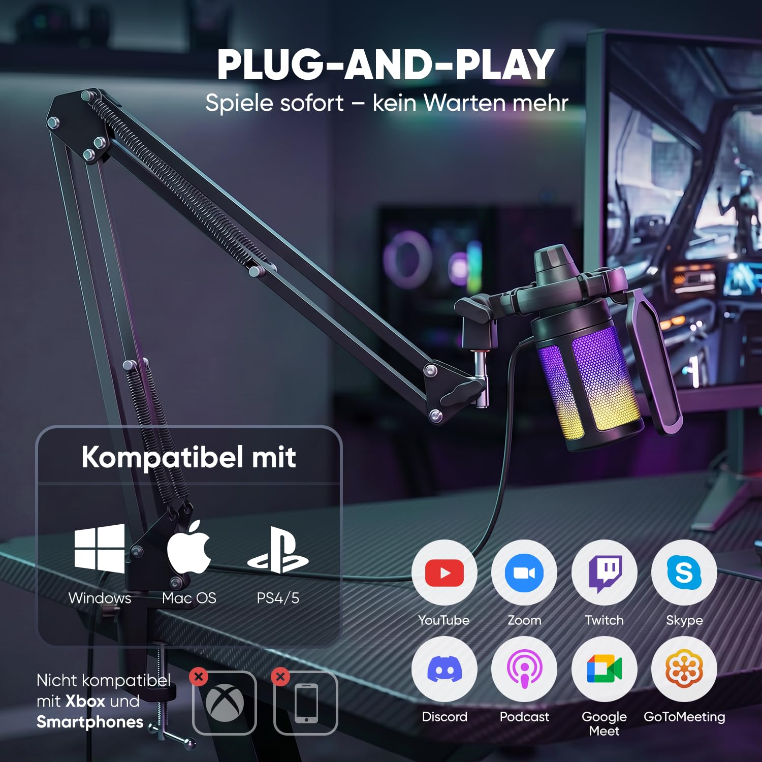 FIFINE USB Typ-A/C Micro Gaming avec Bras pour PC PS4 PS5, Condensateur Microphone pour Streaming Podcast Studio, avec Bouton de Silence, Fixation Antichoc, Support Micro, Filtre Anti-Pop, RGB