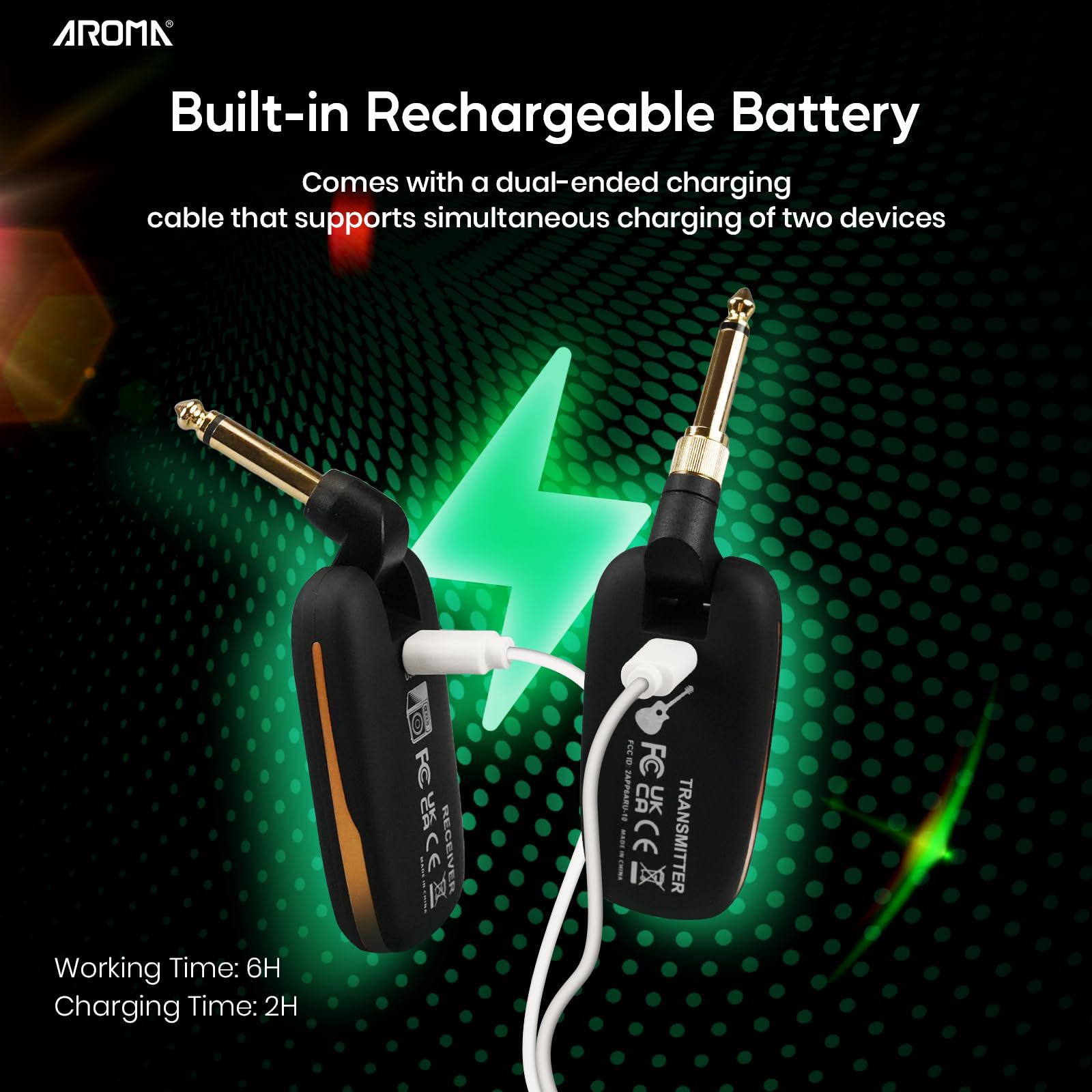 AROMA Trasmettitore e Ricevitore Wireless per Chitarra con 7 Canali Sistema Audio Ricaricabile Senza Fili per Chitarra, Basso, Strumenti Elettrici
