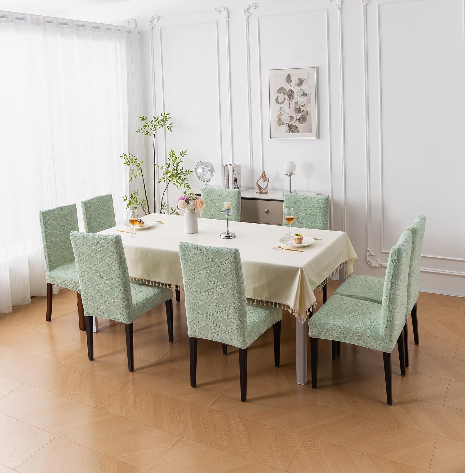 Stretchable Chair Covers - Green Jacquard Dining Covers -4