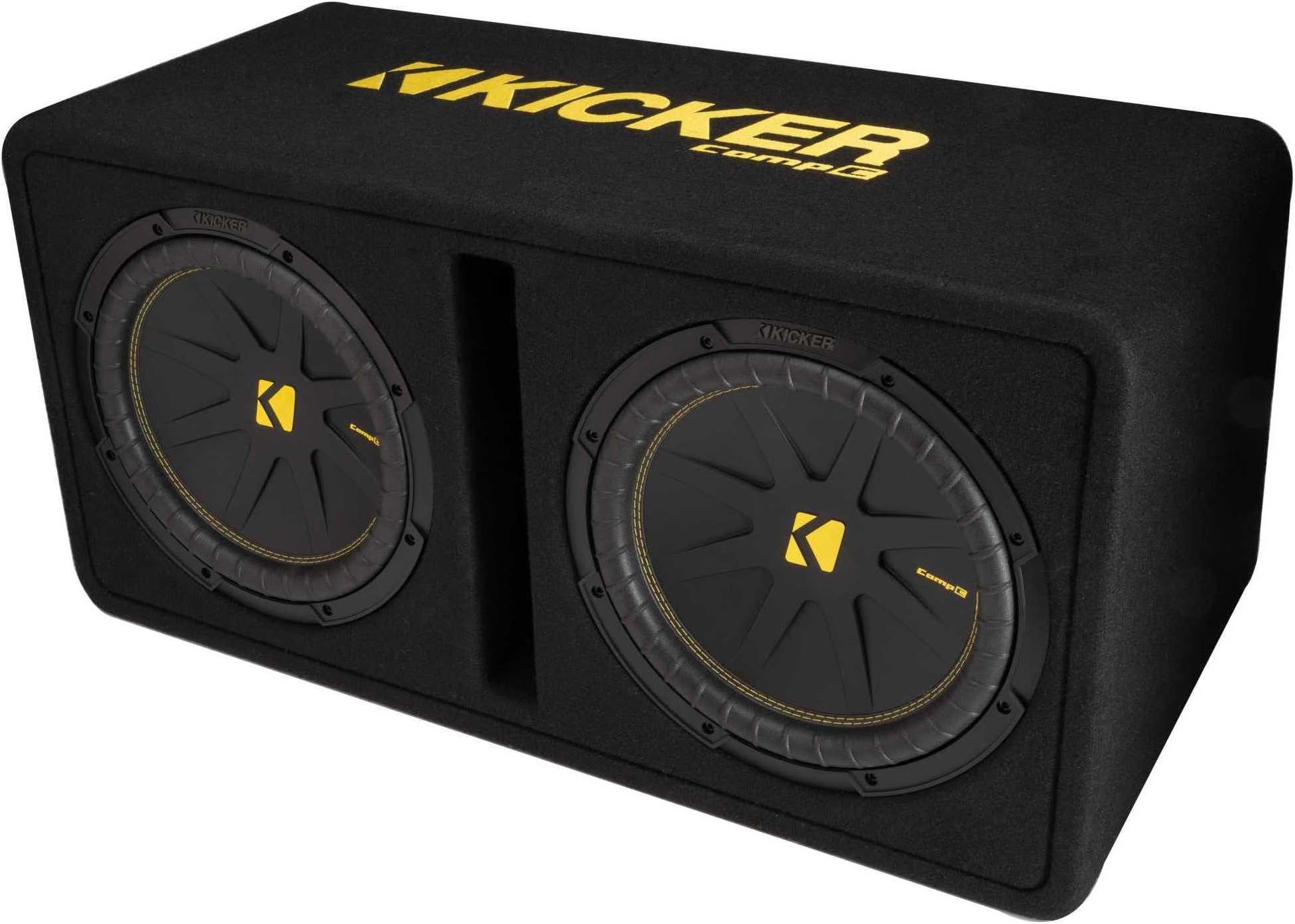 KICKER CompC Dual Vented Enclosure with 12"(30cm) Subwoofers|50DCWC122 |Trunk Style Wedge|2-ohm|1200 Watts Peak|300-600 Watts RMS|Forced-Air Cooling|Increased Excursion|Car,Truck, SUV