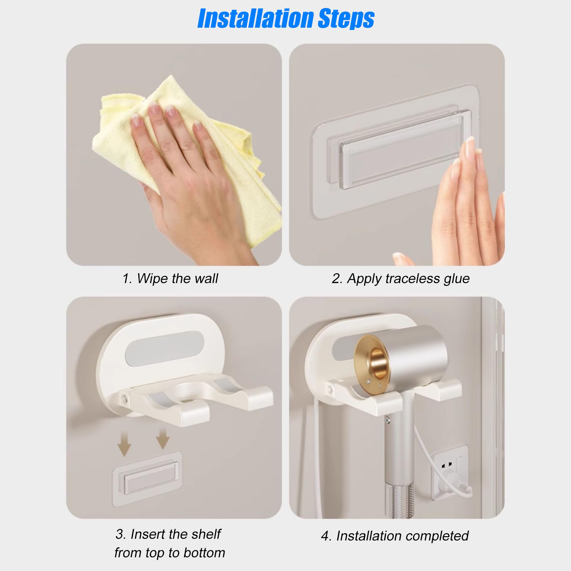 Soporte Secador de Pelo de Aluminio Veki, Porta Secador Sin Taladrar, Montaje en Pared, Colgador para Baño (Gris)