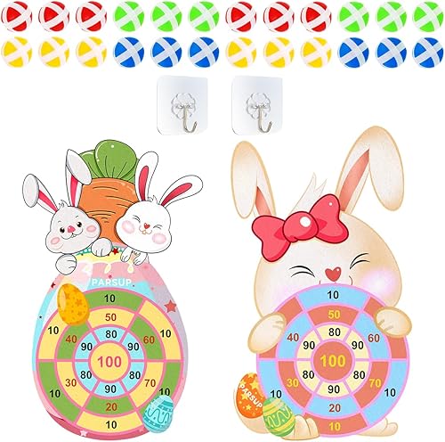 Juego de mesa de 2 piezas de dardos de Pascua, lindo conejo, zanahoria, juegos de mesa con 24 bolas de palo, juegos de Pascua para interiores y