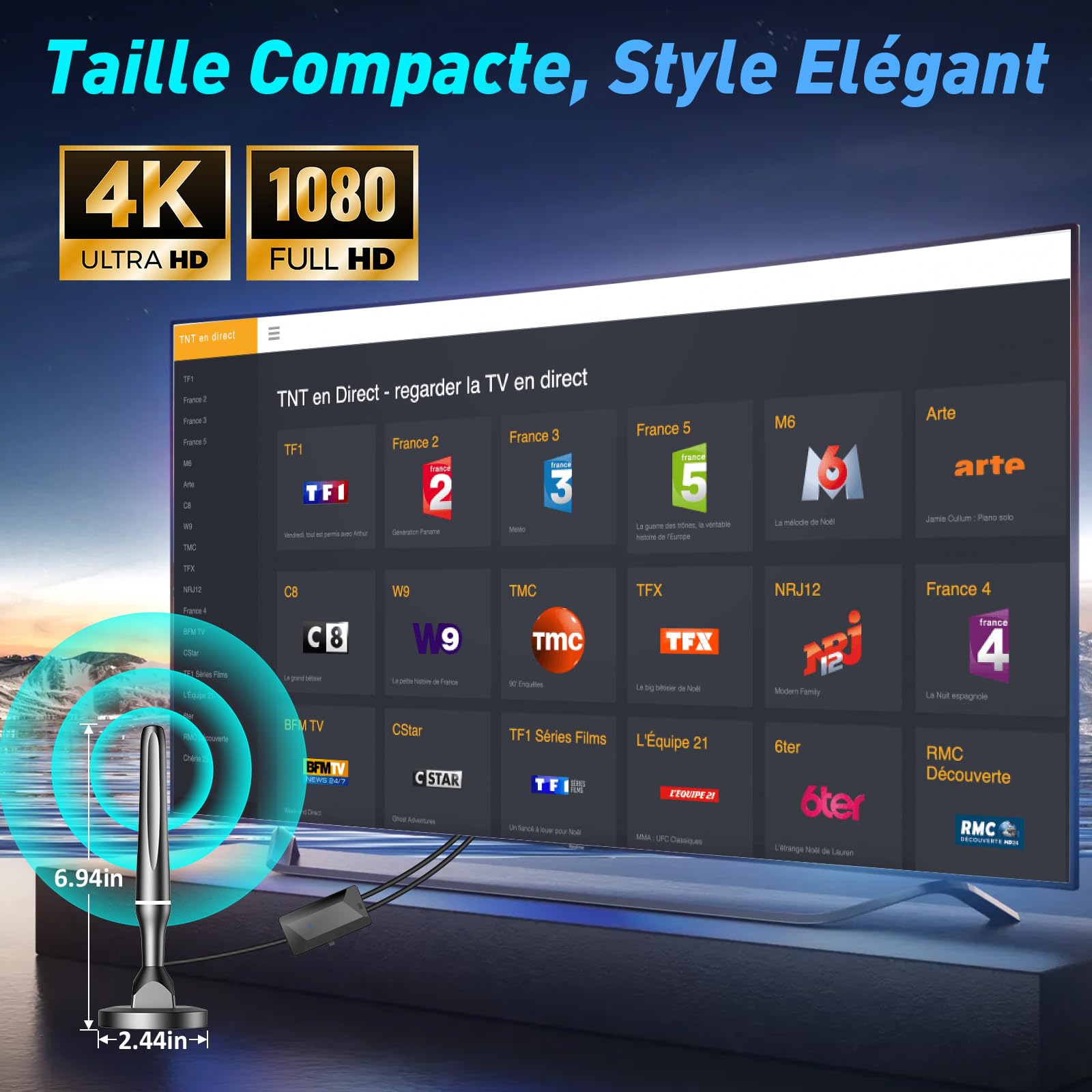 Antenne TV Intérieur Puissante TNT HD, 2026 Puissante Antenne TV Intérieur de Base magnétique puissante - 80km Réception Longue Portée à 360°, Compatible avec Portable 4K 1080P et Tous Les TVs