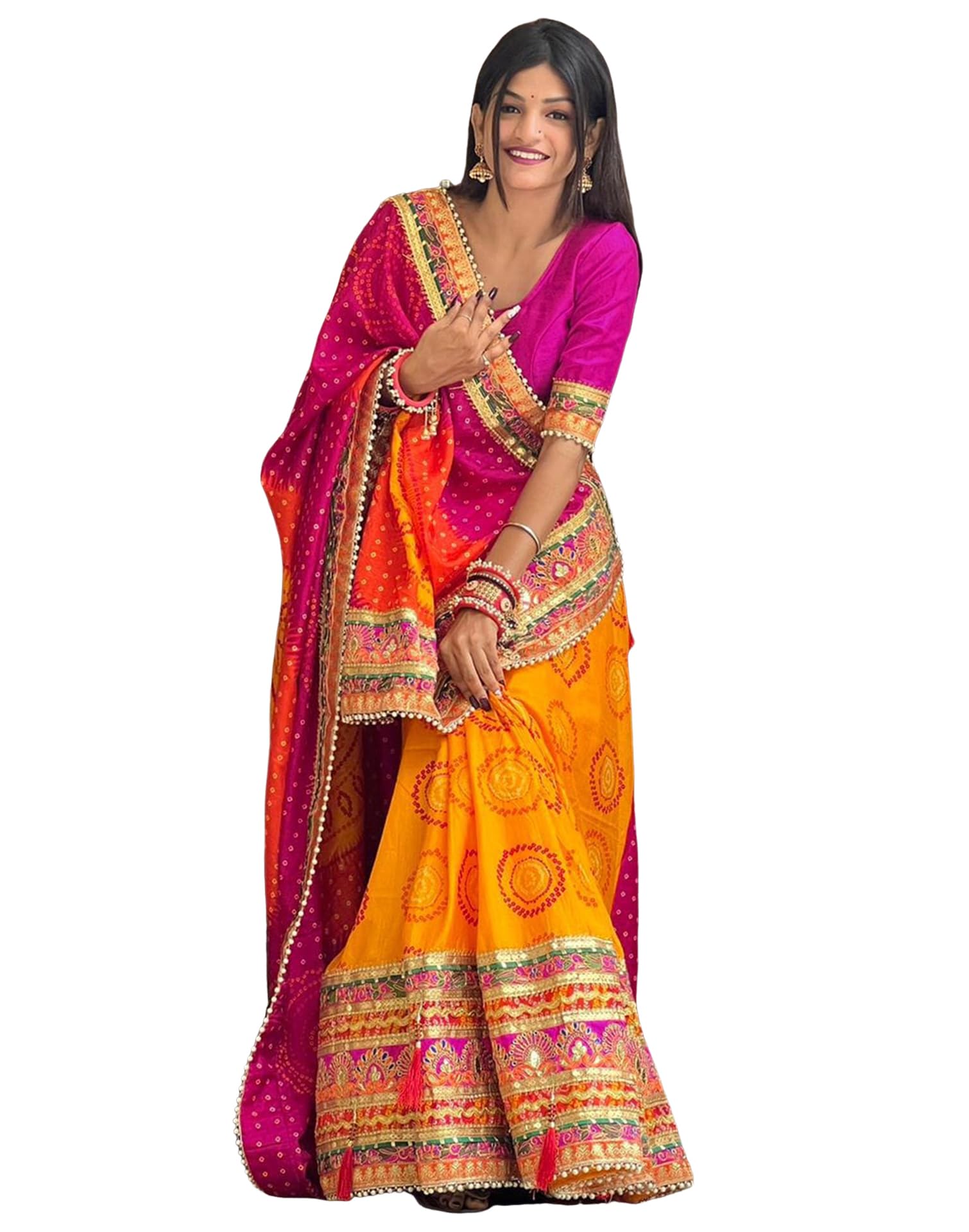 SIRILWomen's Georgette Bandhani Foil Printed Embroidery Saree With Unstitched Blouse Piece