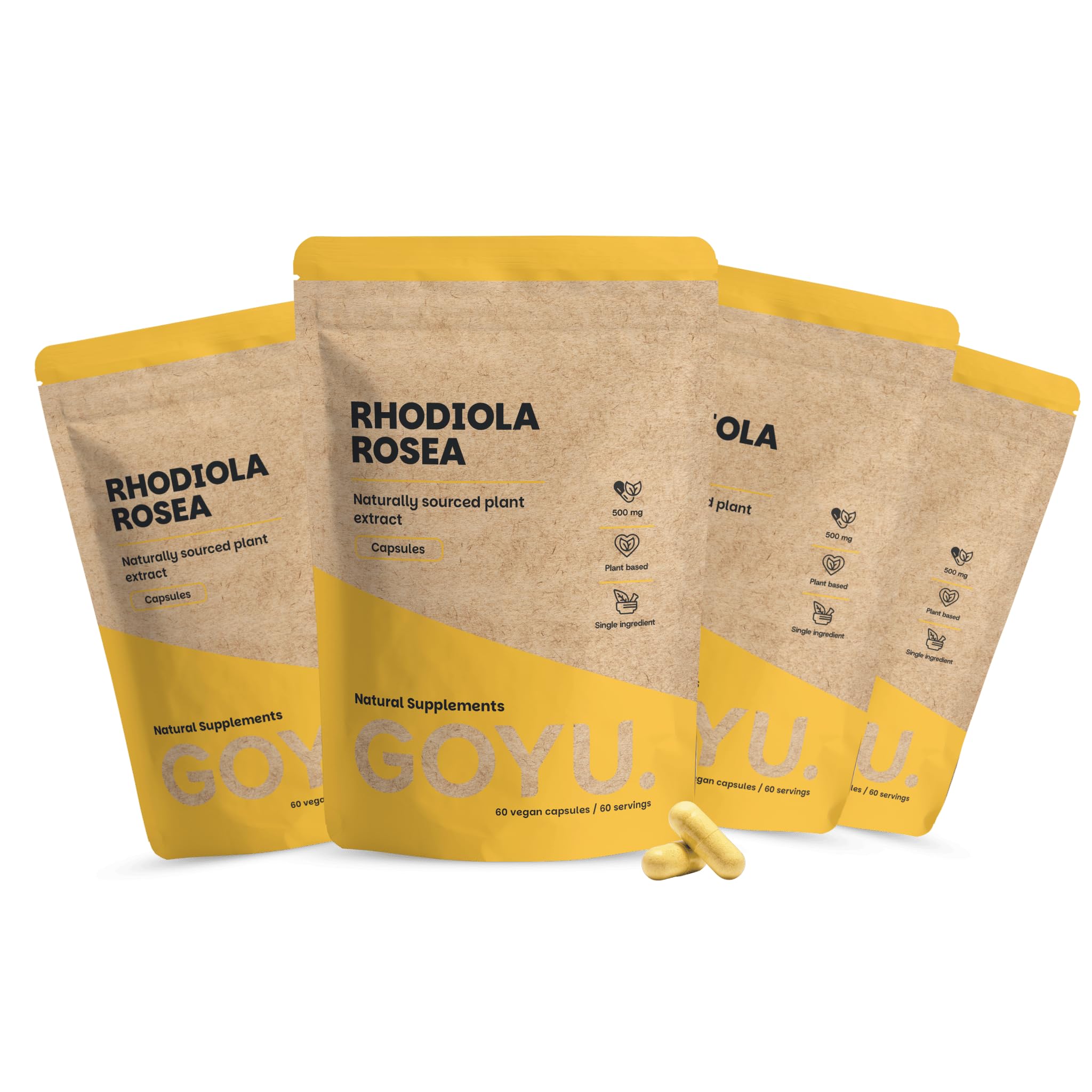 GOYU Rhodiola Rosea Kapseln 500 mg Kombideal 4x 60 Capsules - Rosavine – Fokus – Rosenwurz – Nootropikum Nootropika – Vegan – Ohne Zusätze – Laborgeprüft – 60 Tage Vorrat pro Beutel – Cupplement
