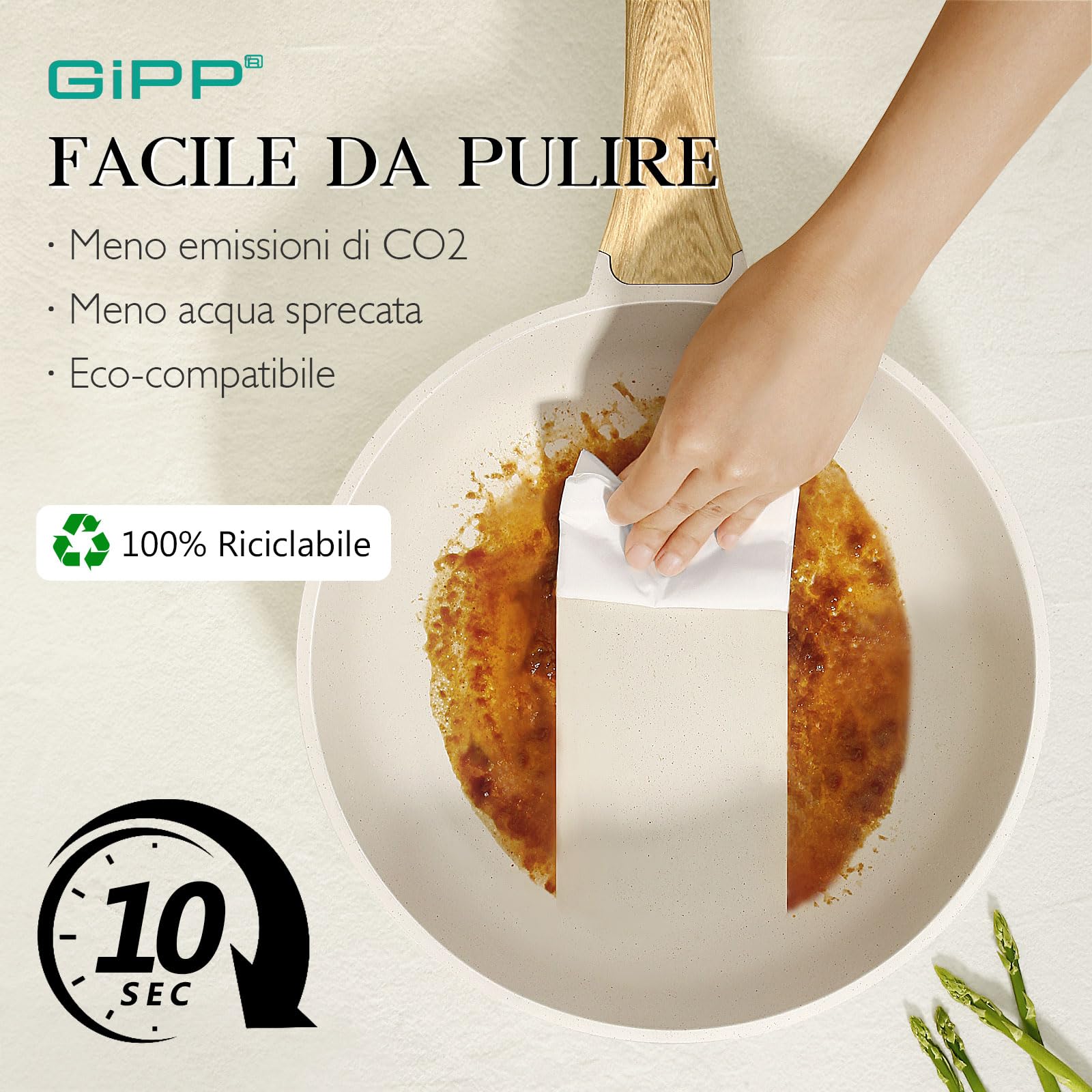GiPP Padella antiaderente, Padella antiaderente in granito, Padelle non tossiche per cucinare, Padella omelette con manico Stay Cool, Facile da pulire, Induzione compatibile (bianco, 28cm)