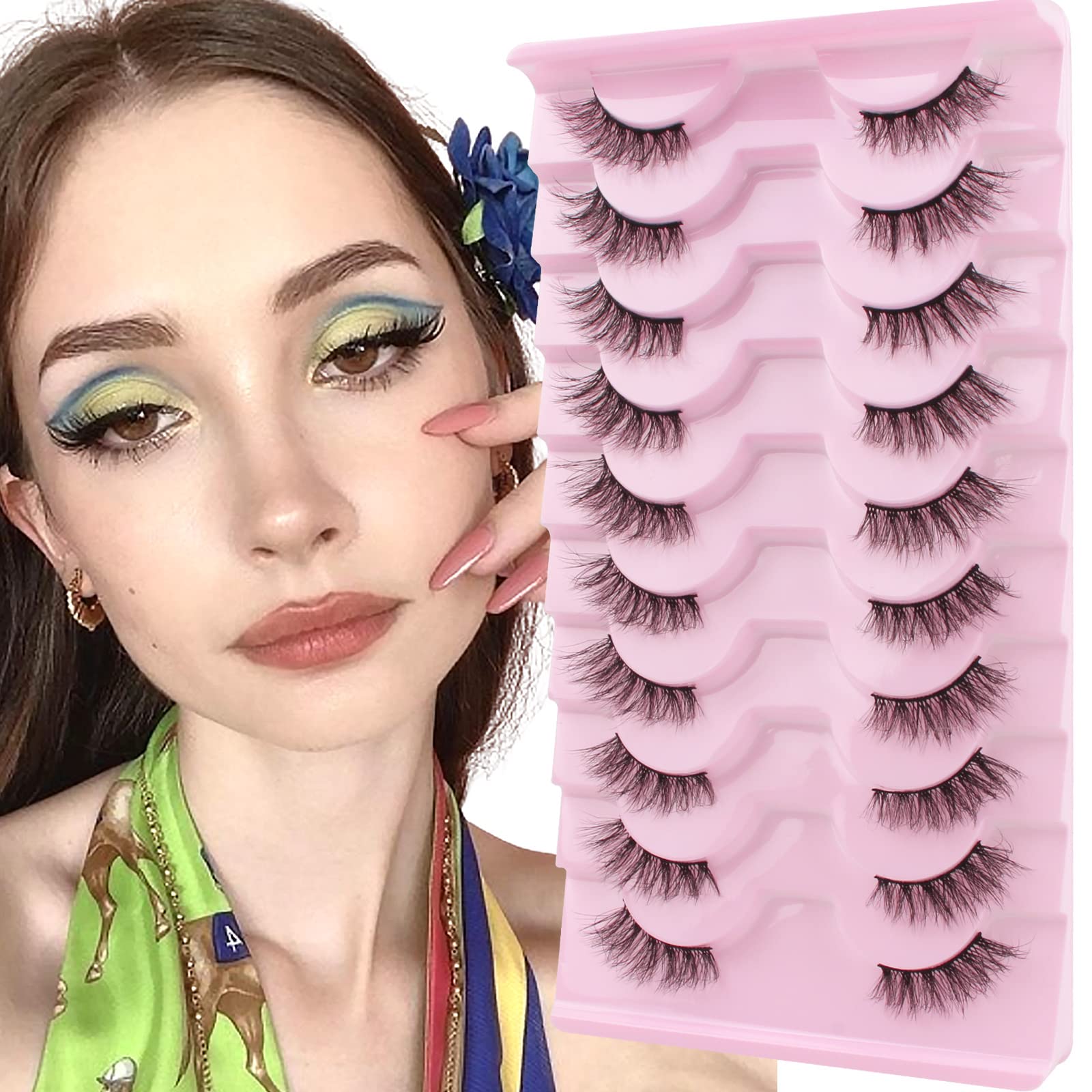 Oreola False Eyelashes Half Lashes Fluffy Cat Eye Natural Faux Mink Eyelashes Corner 3/4 Lashes Wispy Lightweight Short Reusable Fake Lashes 10 works