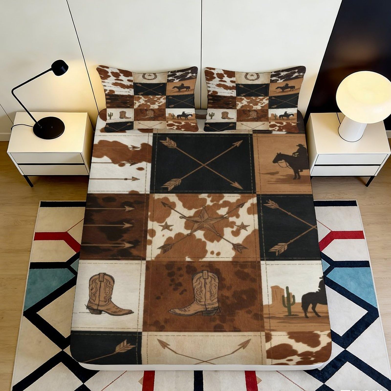 Pnayamiorkfel Style-7 3D Printed Western Cowboy Fitted Sheet Microfiber Brown Patchwork Arrow Horse Mattress Cover For Bedroom Guest Room Decor 90X200x25cm