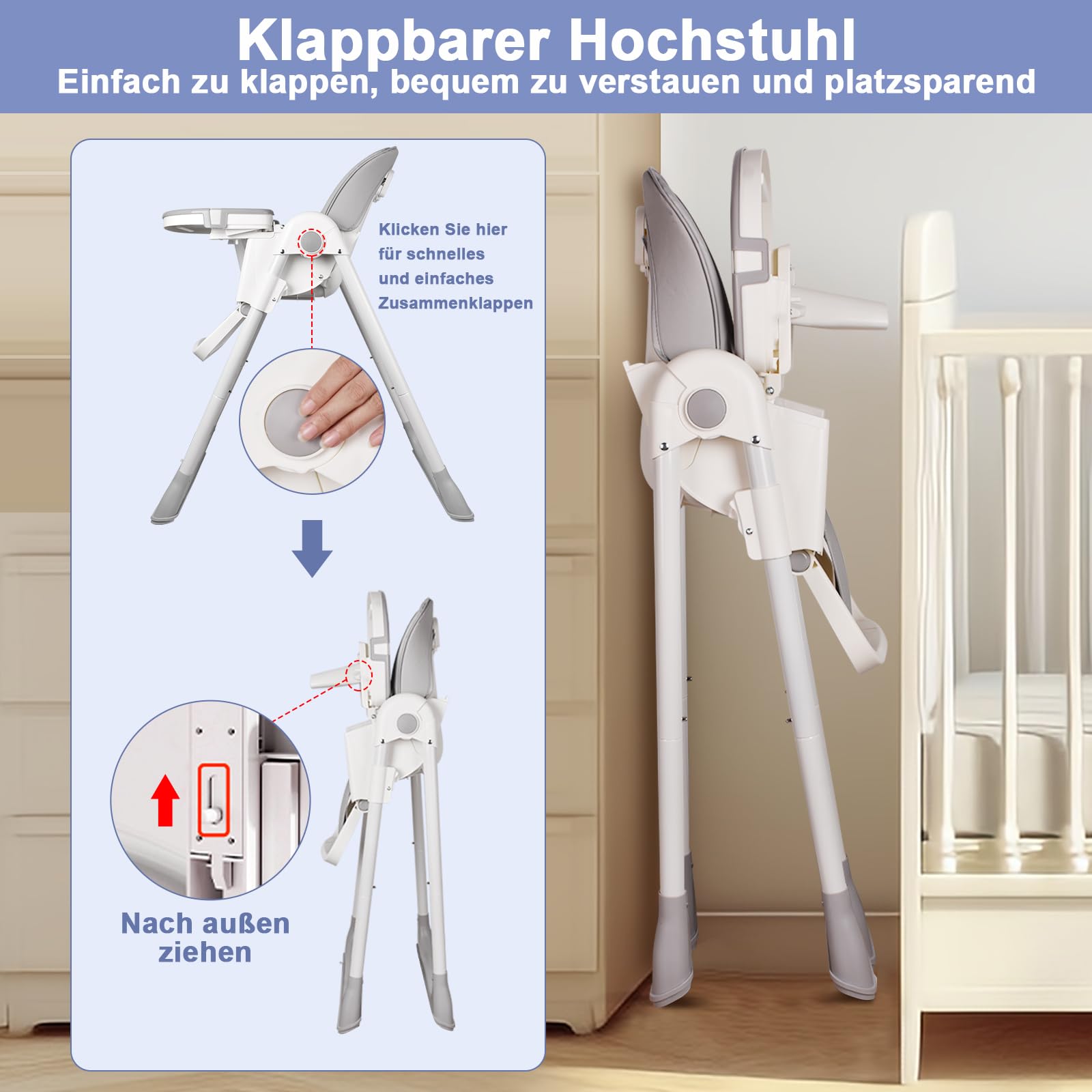 Hochstuhl Baby, Kinderhochstuhl mit Babyliege, Verstellbar Klappbar Hochstuhl Baby mit Essbrett,Korb, mitwachsend ab 6–36 Monate Jahre Babystuhl,Grau