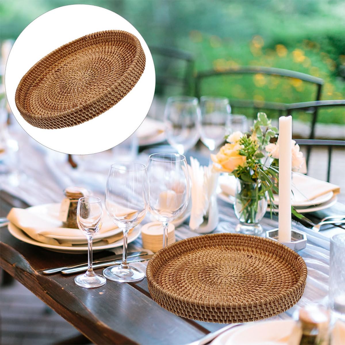 CALLARON Rundes Serviertablett aus Rattan 30cm Hellbraun Handgeflochten ohne Henkel Multifunktional für Wohnzimmer und Küchenregal Aufbewahrung und Servieren