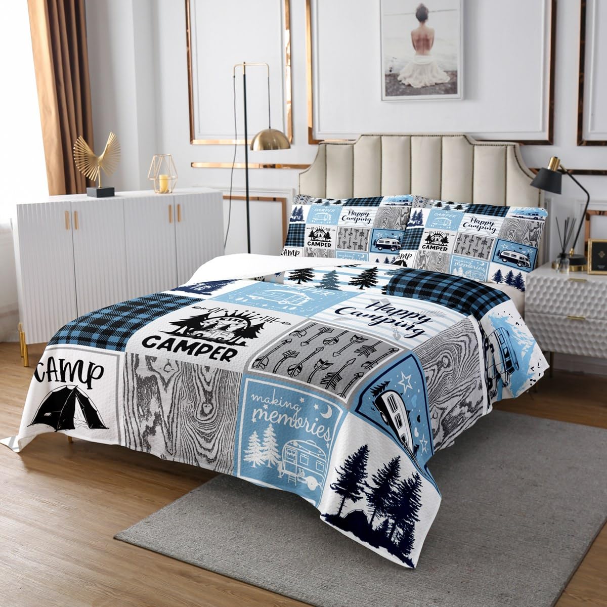 Erosebridal Twin Bedspread Set for Rv Camper, Happy Camping Coverlet Set Camper Gifts Quilt Set for Boys Kids Teens Camper Bed Set, Arrows Plaid Patchwork Rustic Farmhouse Bedding Set Bedroom Decor