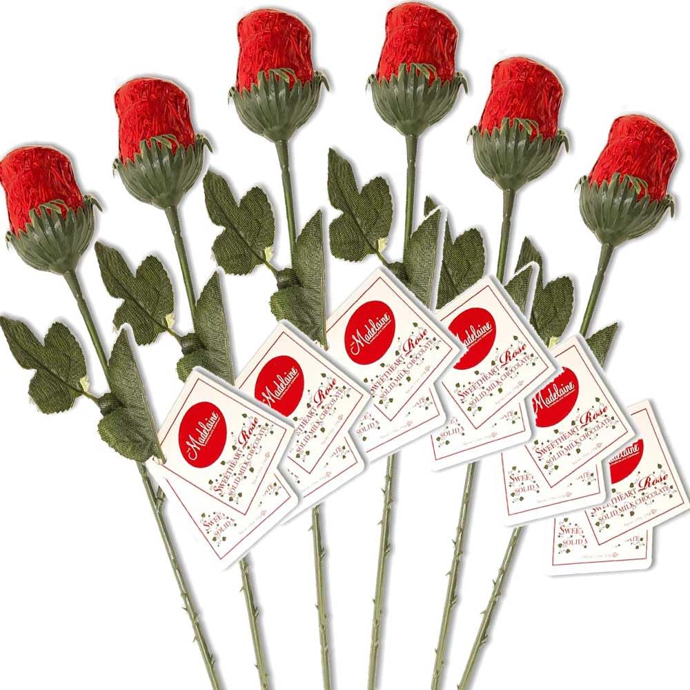 Madelaine Red Chocolate Roses - Mothers Day Gift for Mom, Grandma, Wife, Girlfriend, Daughter - Individually Wrapped Chocolate Flowers - Romantic Candy Bouquet for Women & Loved Ones - 6 Pack