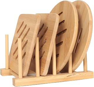 Natural Bamboo Trivets for Kitchen Set - Square & Round Hot Pads for Dishes/Pot/Bowl/Teapot/Hot Pot - 2 Square, 2 Round, 1 Storage Rack