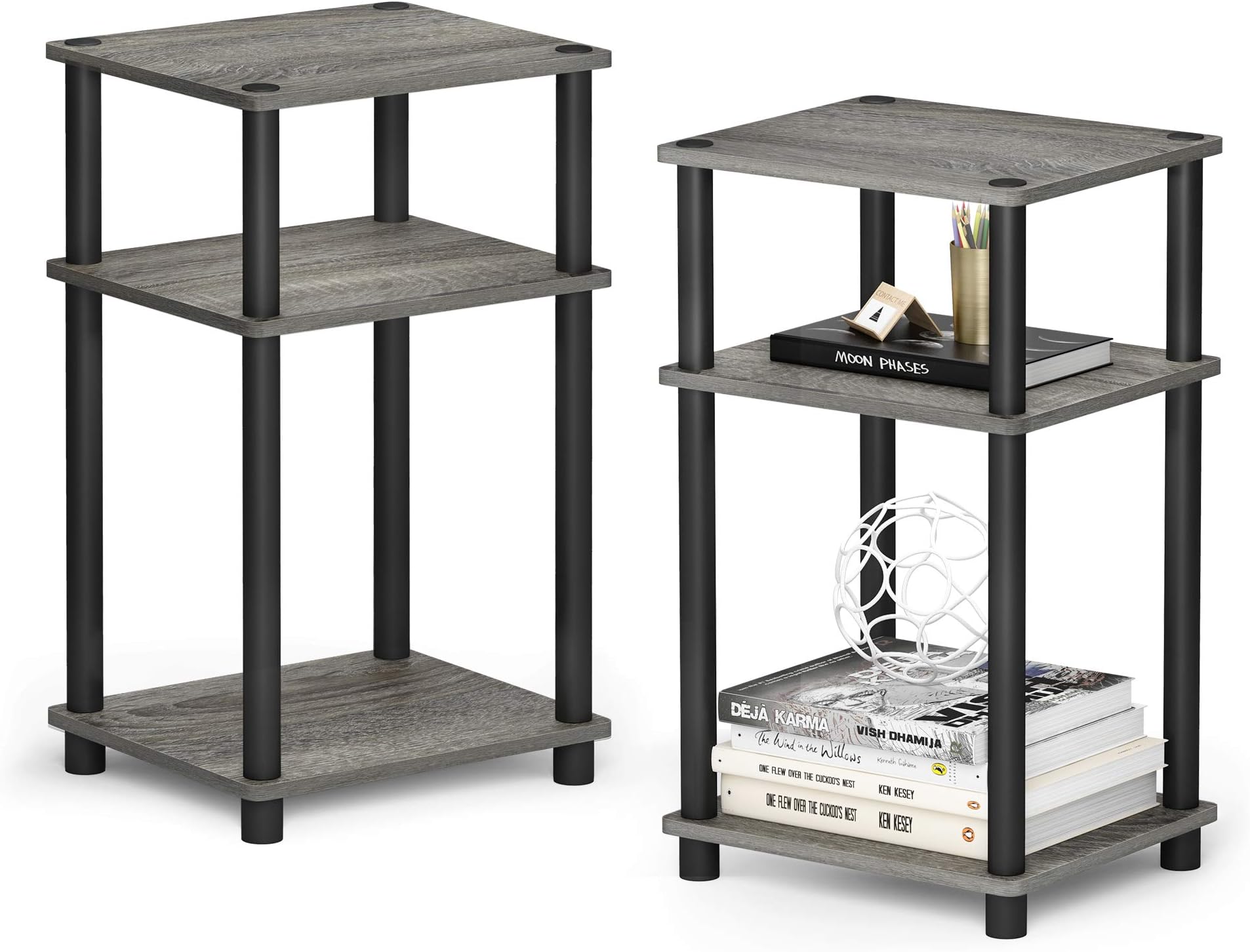 Furinno JUST Side Table Set of 2, 3-Tier End Tables, Open Shelves Night Stand, Nightstand, Toolless Assembly, for Living Room, Bedroom, French Oak