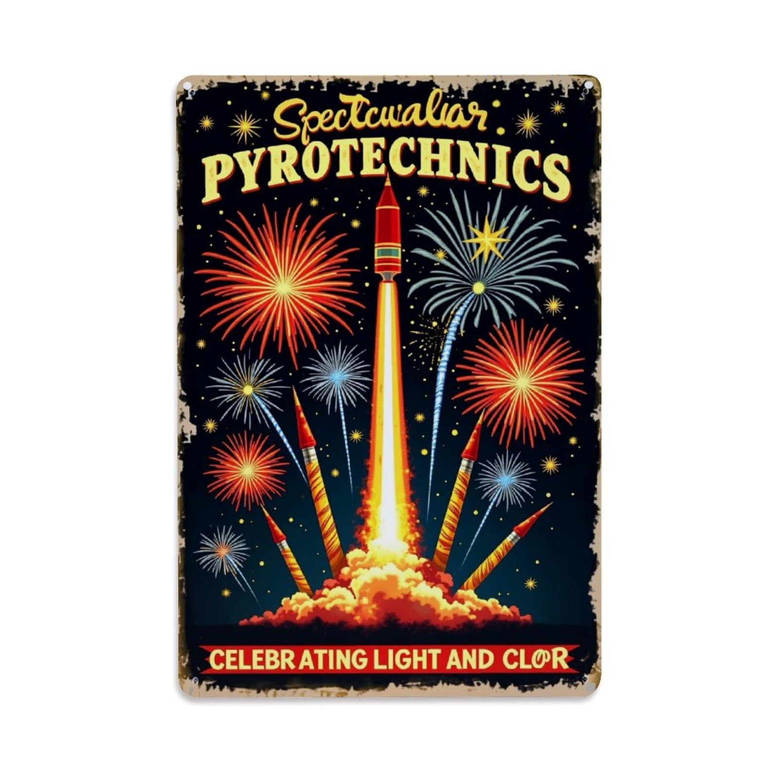 Jdyaojiesheng Vintage Fireworks Rocket Launch Display Night Tin Sign Retro Metal Wall Decor Metal Poster, Home Bar Garage Farmhouse Cafe Wall Art Decoration 8X12inches