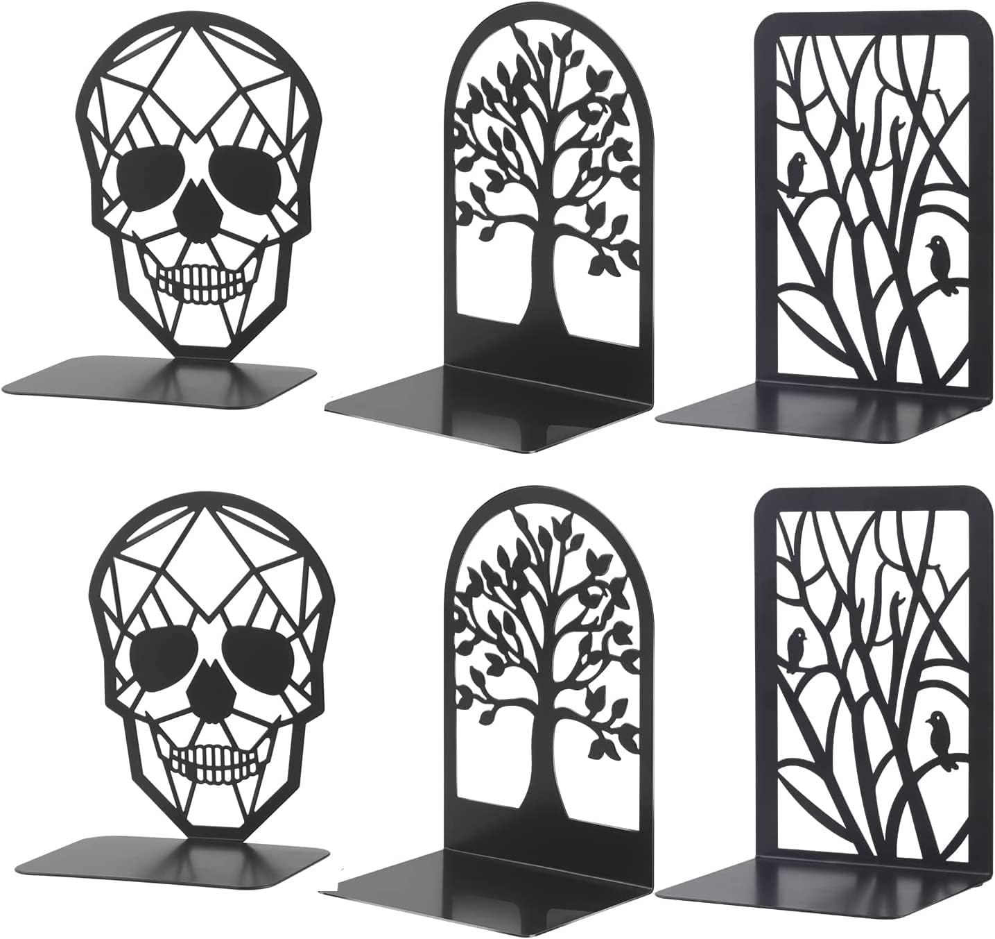 3Pairs Metal Bookends Tree Shadow Design, Fortune Tree Design and Resting Bird Design, Decorative Bookend Black Book Ends : Home & Kitchen
