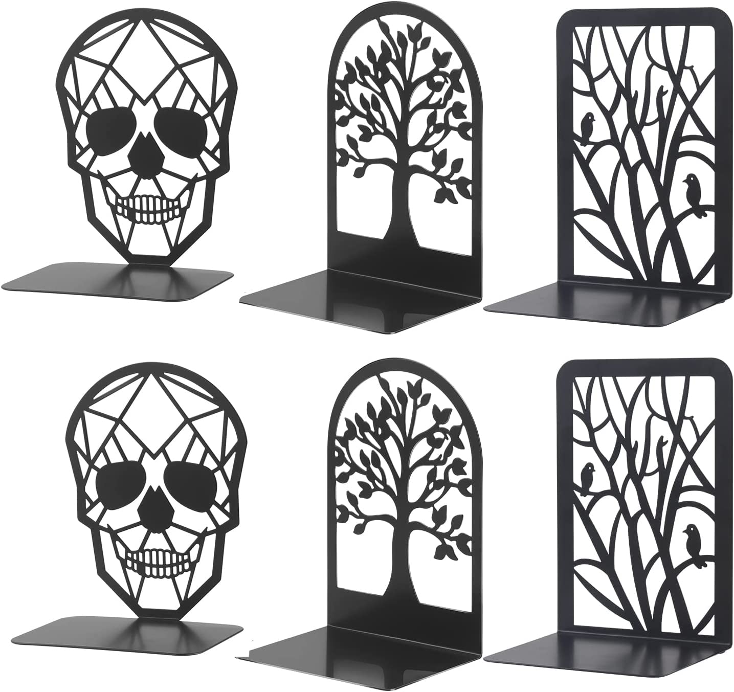 3Pairs Metal Bookends Skull Decorative, Fortune Tree Design and Resting Bird Design, Decorative Bookend Black Book Ends