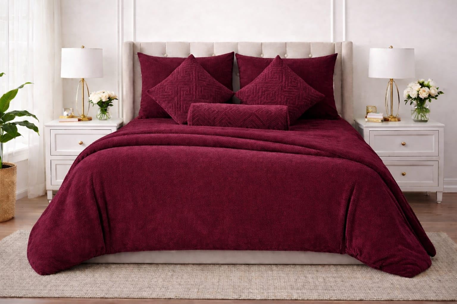 Sands® Luxurious 6pc Bedsheet Set for Winter, 1 Double Duvet Cover,1 Double Bed bedsheet, 2 Embroidery Pillow Covers, 2 Filled Cushions with Embroidery. (Wine)-image-10