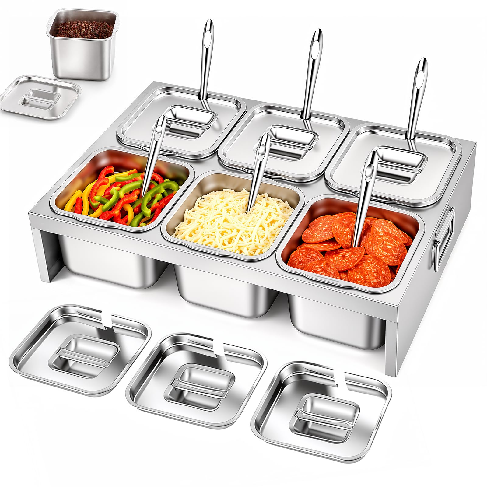 Recipientes de Acero Inoxidable para Alimentos 6 x 2L con Tapa y Cuchara – Estación de Acero Inoxidable para Añadir Ingredientes a la Pizza, BBQ, Salsas y Verduras – Bandeja GN para Cocina Restaurante