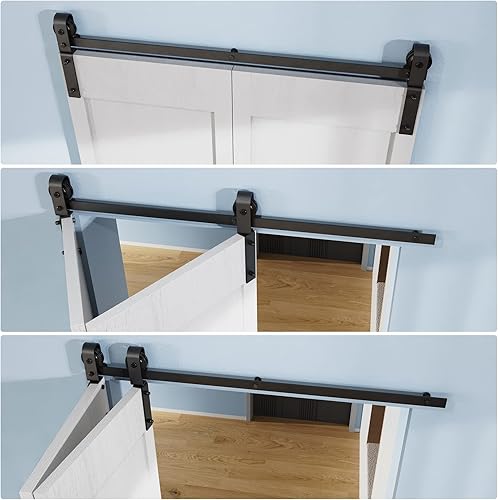 Miniatura 4 de ROOMTEC Kit de riel de hardware para puerta corrediza de granero biplegable de 3 pies, kit de rodillos negros para 2 puertas, forma de J (sin puerta)