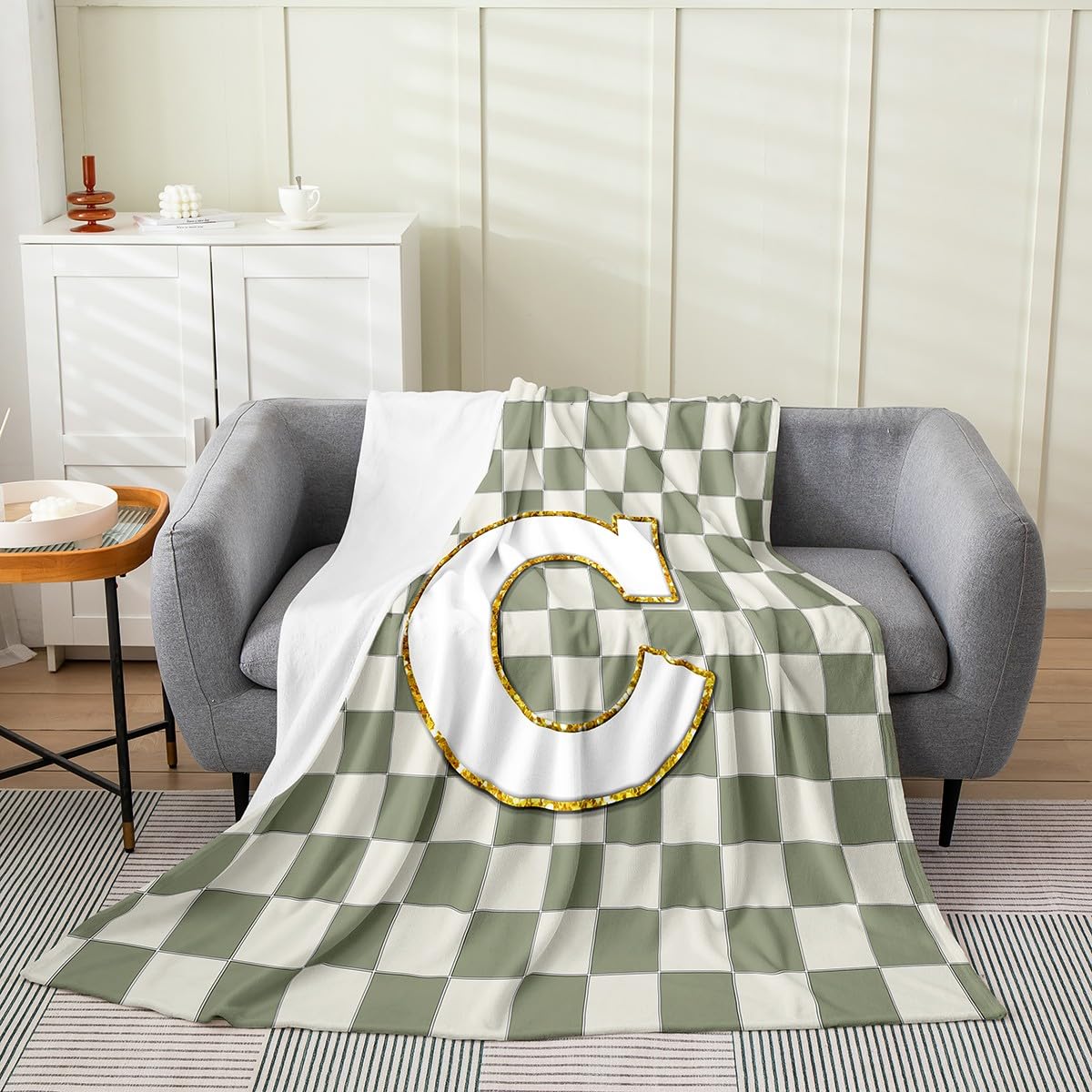 Erosebridal Sage Green Checkered Flannel Blanket Plaid Initial C Fuzzy Plush Throw Personalized Monogram Fleece Blanket for Kids Boys Girls,Fashion Grids Gingham Decor for Bed Couch 40"x50"