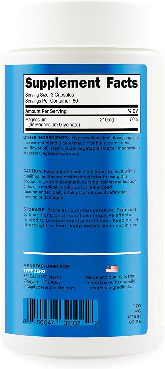 Type Zero Magnesium Glycinate (210mg) 180 Capsules, Gluten-Free, GMO-Free