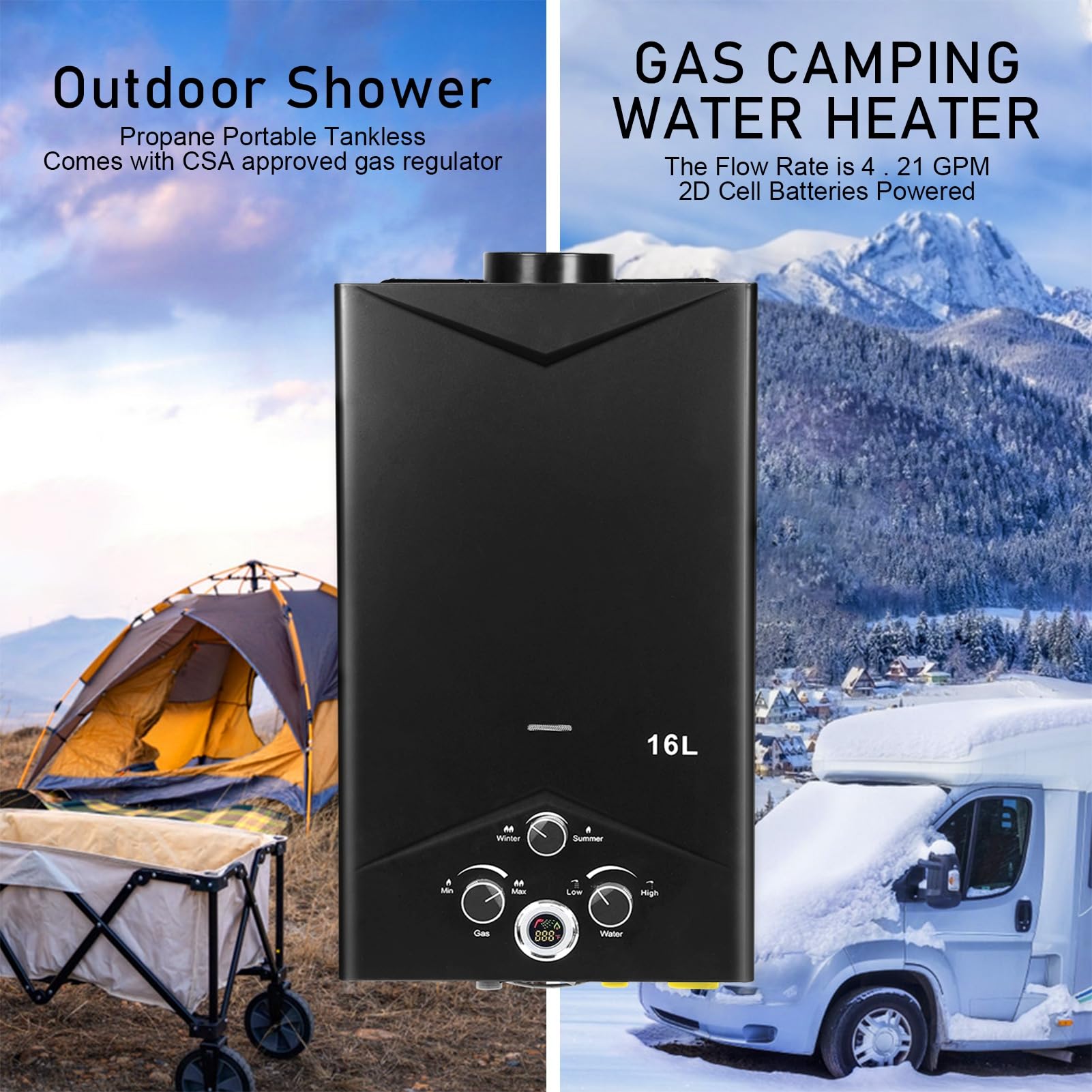Gas Durchlauferhitzer Outdoor, Gasdurchlauferhitzer für Camping, Dusche & RV mit Display, 4,21 GPM 16 L, 68.000 BTU/h