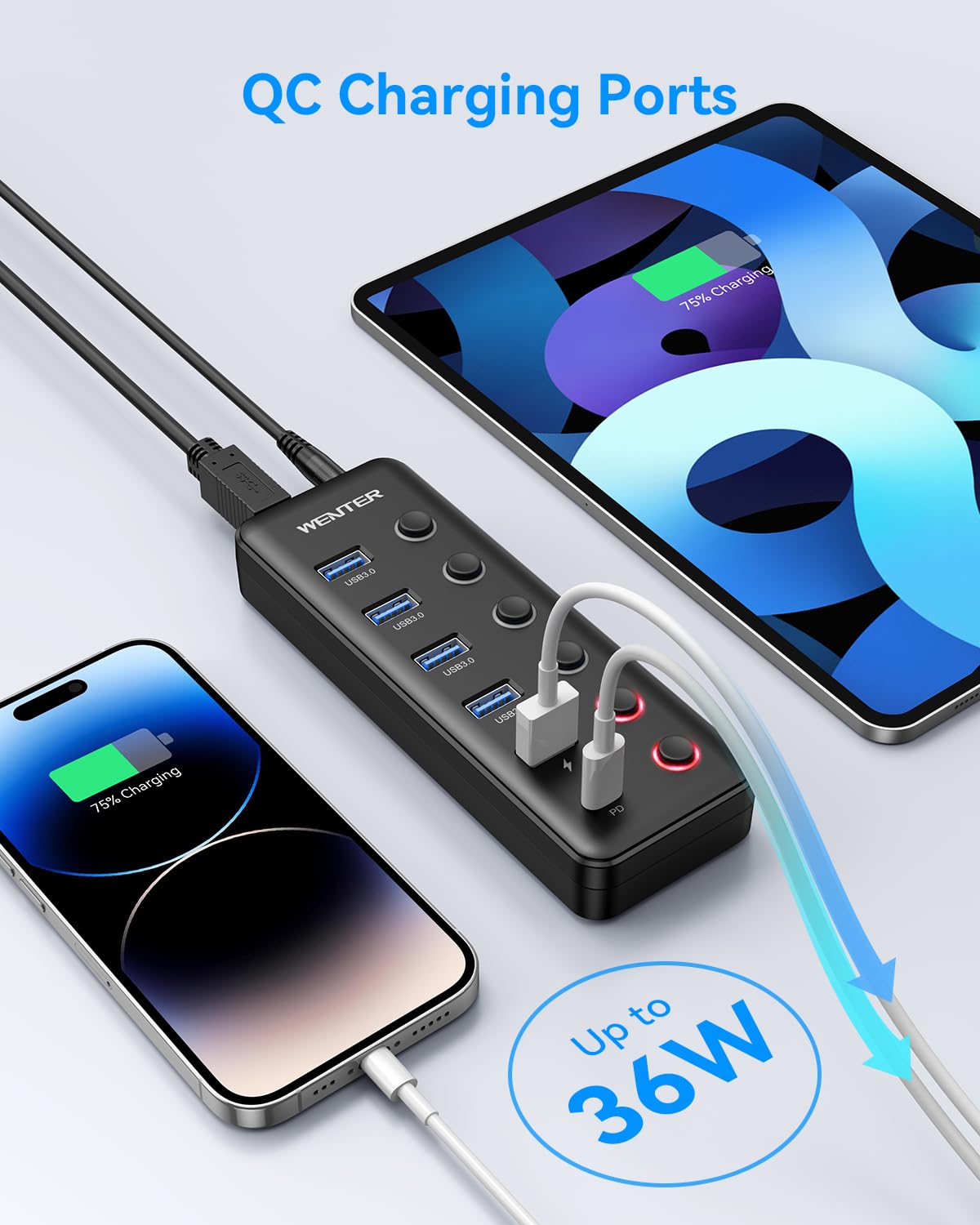 Wenter Hub USB 3.0 con alimentazione, splitter hub USB a 6 porte (4 porte di trasferimento dati più veloci + 2 porte di ricarica da 36 W) con interruttori a LED