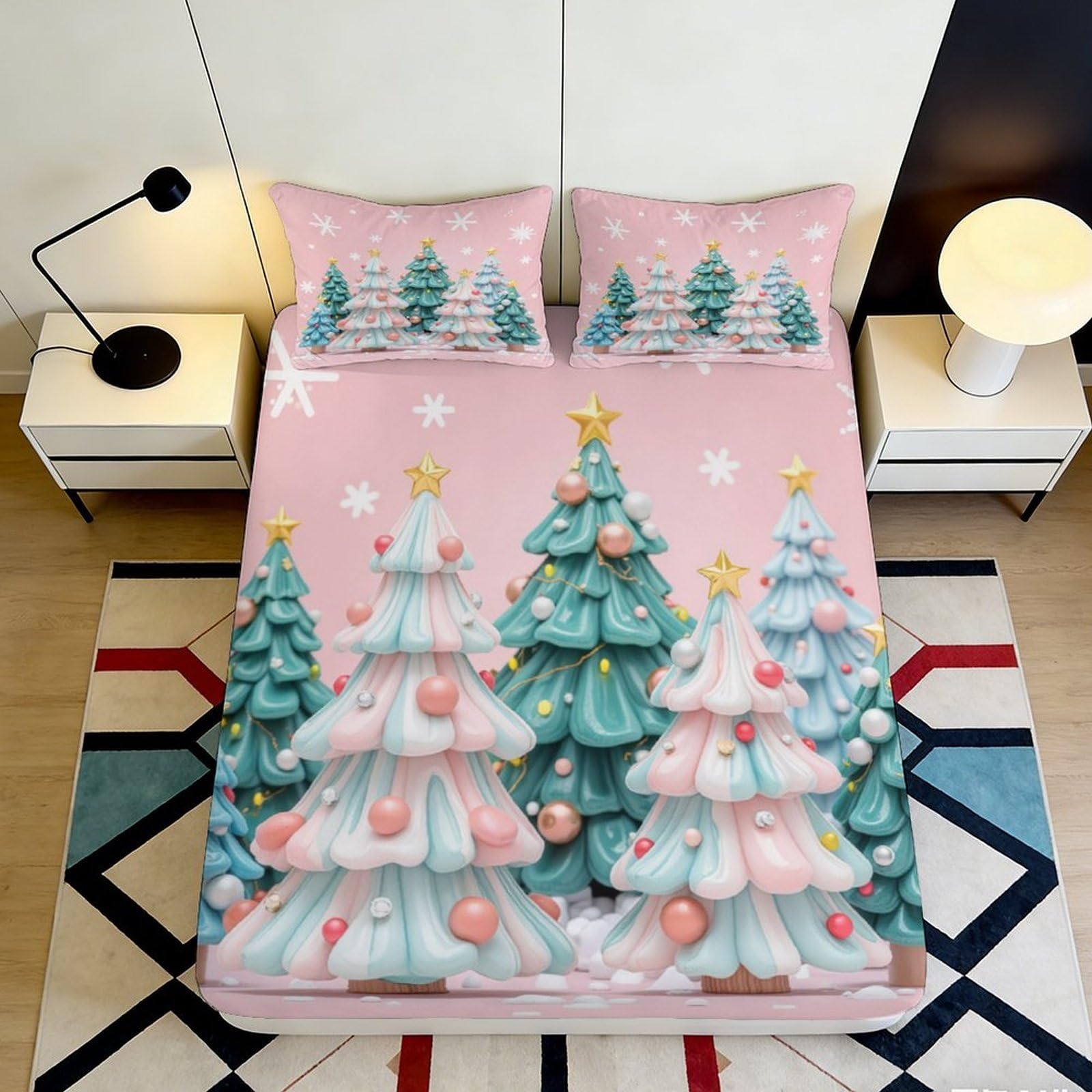 Uynsixtme Style-1 3D Printed Christmas Tree Fitted Sheet Microfiber Deep Pocket Non-Slip Bedding Christmas Tree Mattress Fitted Cover 200X200x25cm