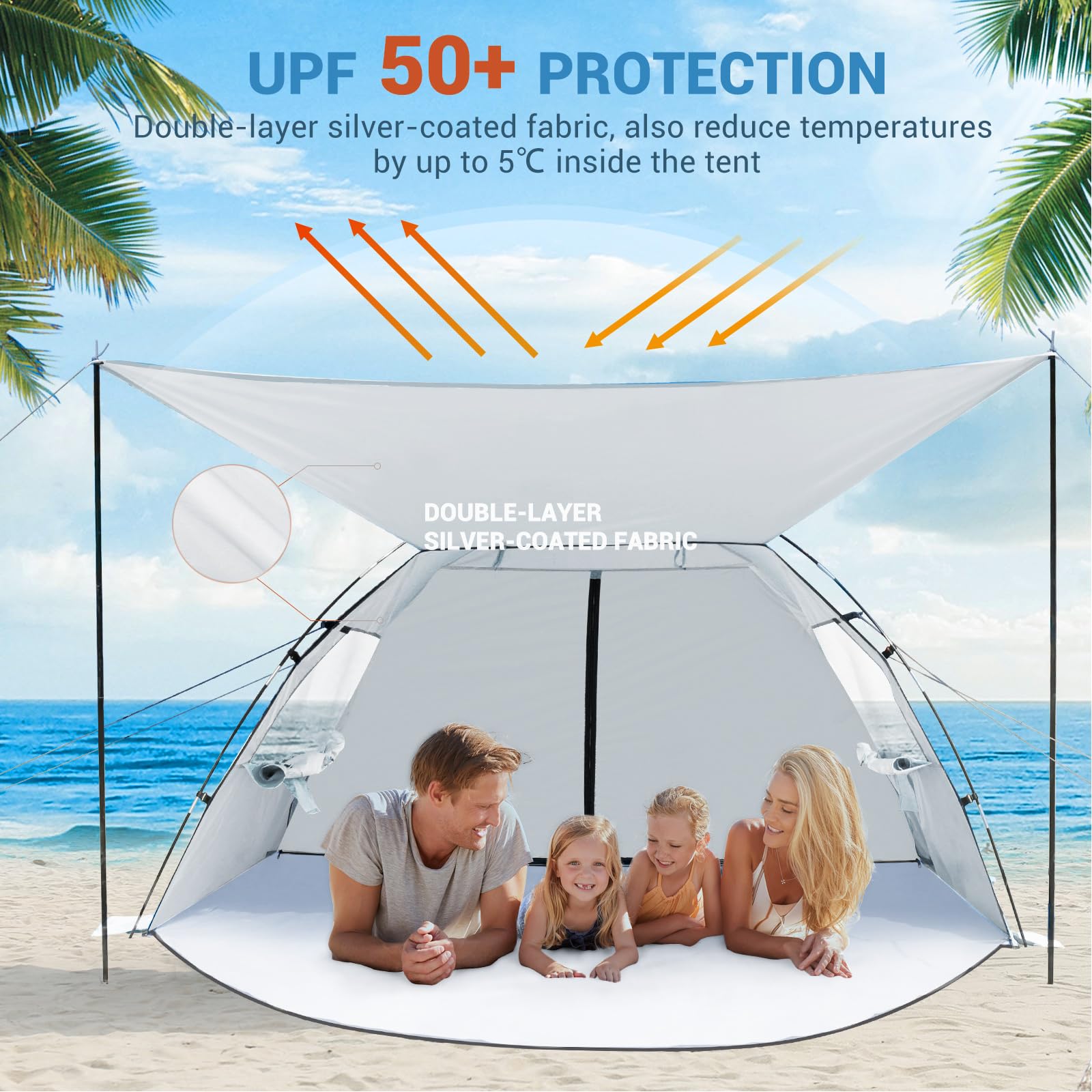 Elegear Tente De Plage Pop Up – 4-5 Personnes – Abri Solaire Avec Auvent – Bleue
