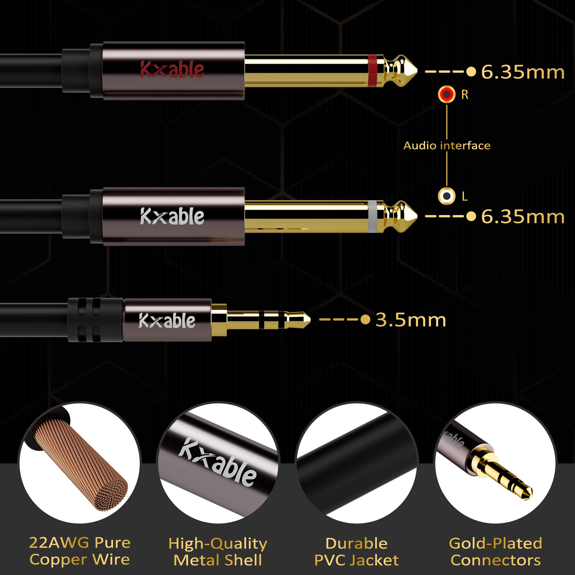 Kxable Câble stéréo 1/8 vers double 1/4 30,5 m, TRS 3,5 mm vers 2 x TS mono Y 6,35 mm, cuivre sans oxygène, OD : 5 mm, pour PC, table de mixage, haut-parleur, système stéréo domestique avec 5 attaches