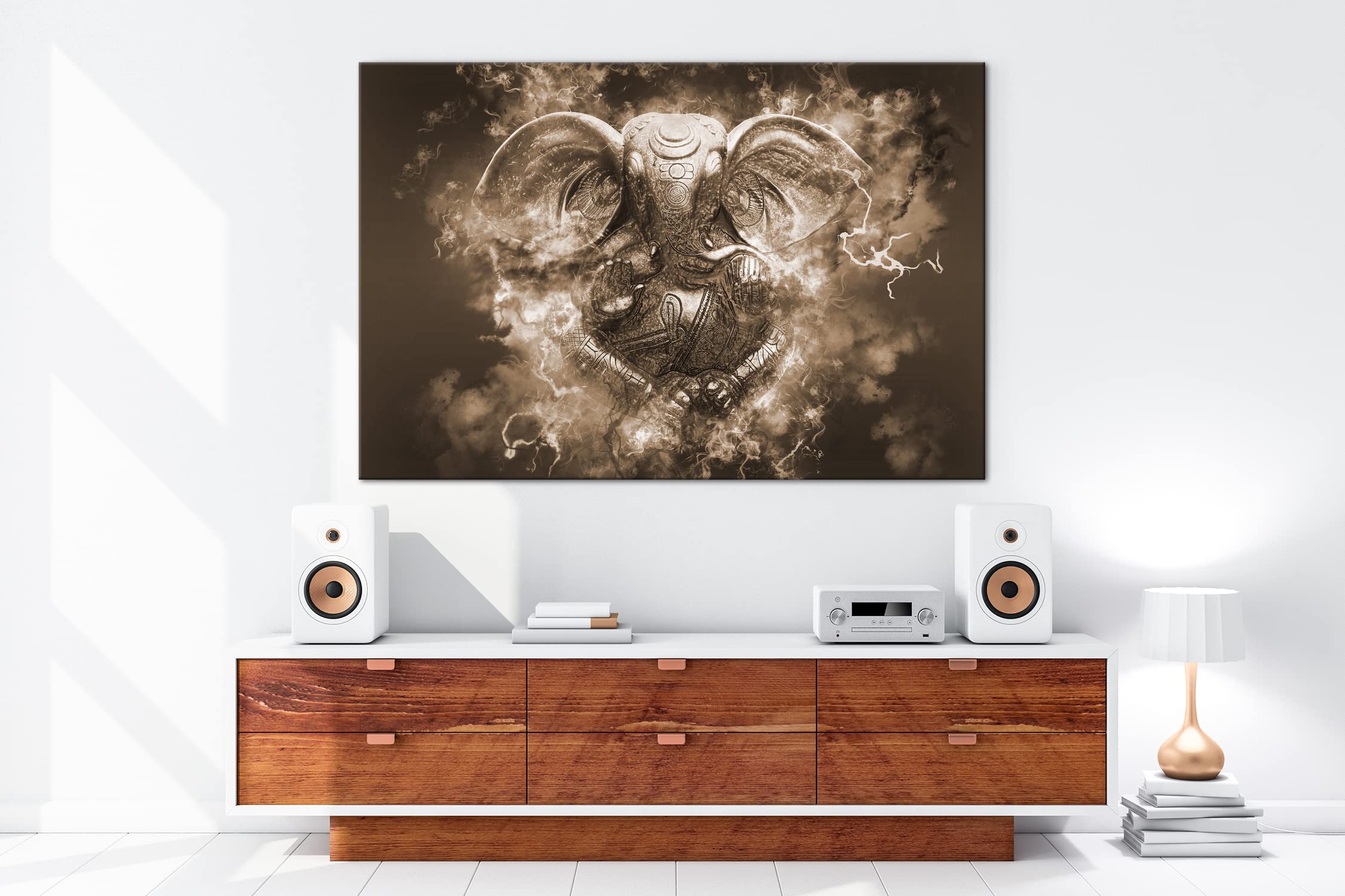 Hindu Göttheit Ganesha Format: 100x70 Efekt: Sepia jako obraz na płótnie, motyw oprawiony na ramie z prawdziwego drewna, wysokiej jakości druk cyfrowy, nie jest to poster ani plakat