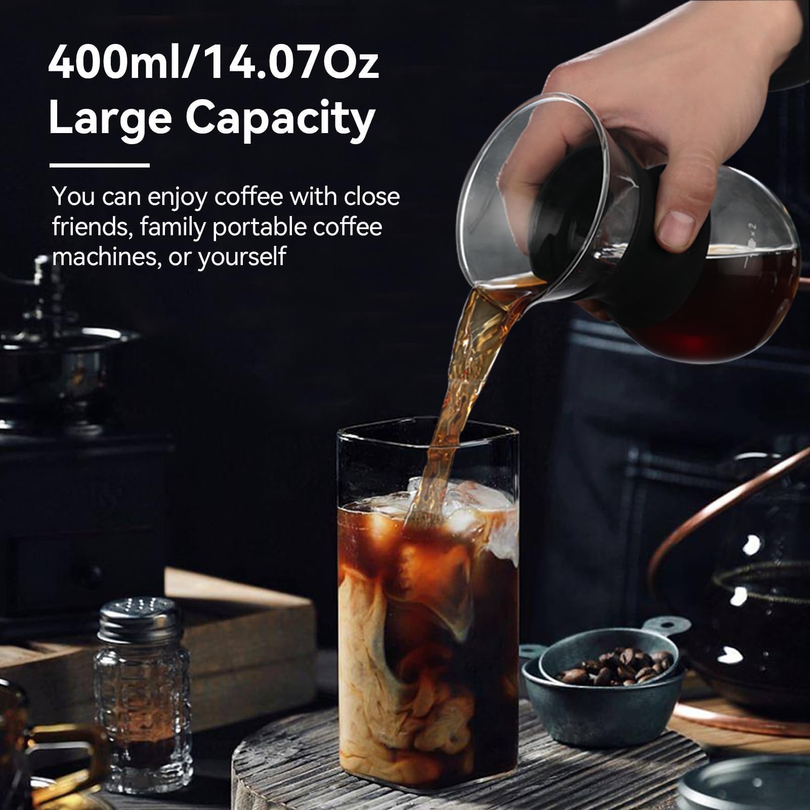 HERCHR Caffettiera in Vetro Con Filtro Permanente in Acciaio Inox, Caraffa in Vetro Borosilicato, Macchina Da Caffè a Goccia Manuale, 400ml Caffettiera Americana in Vetro per Caffè Casa Ufficio