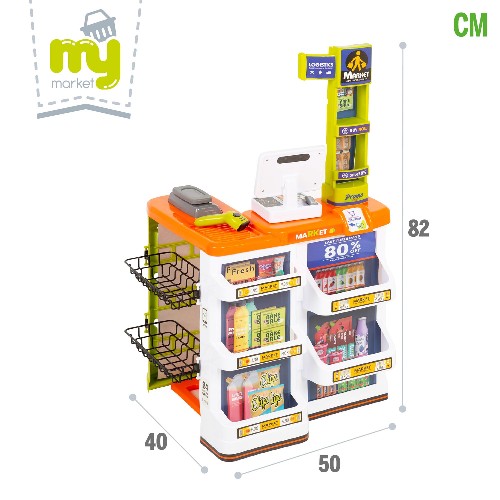 ColorBaby 47965 My Home Supermercato Giocattolo con Carrello, Luce e Suono Realistico, Registratori di Cassa elettronici, +50 Pezzi, Dimensioni 50 x 42 x 82 cm, Giocattoli per Bambini 3 Anni