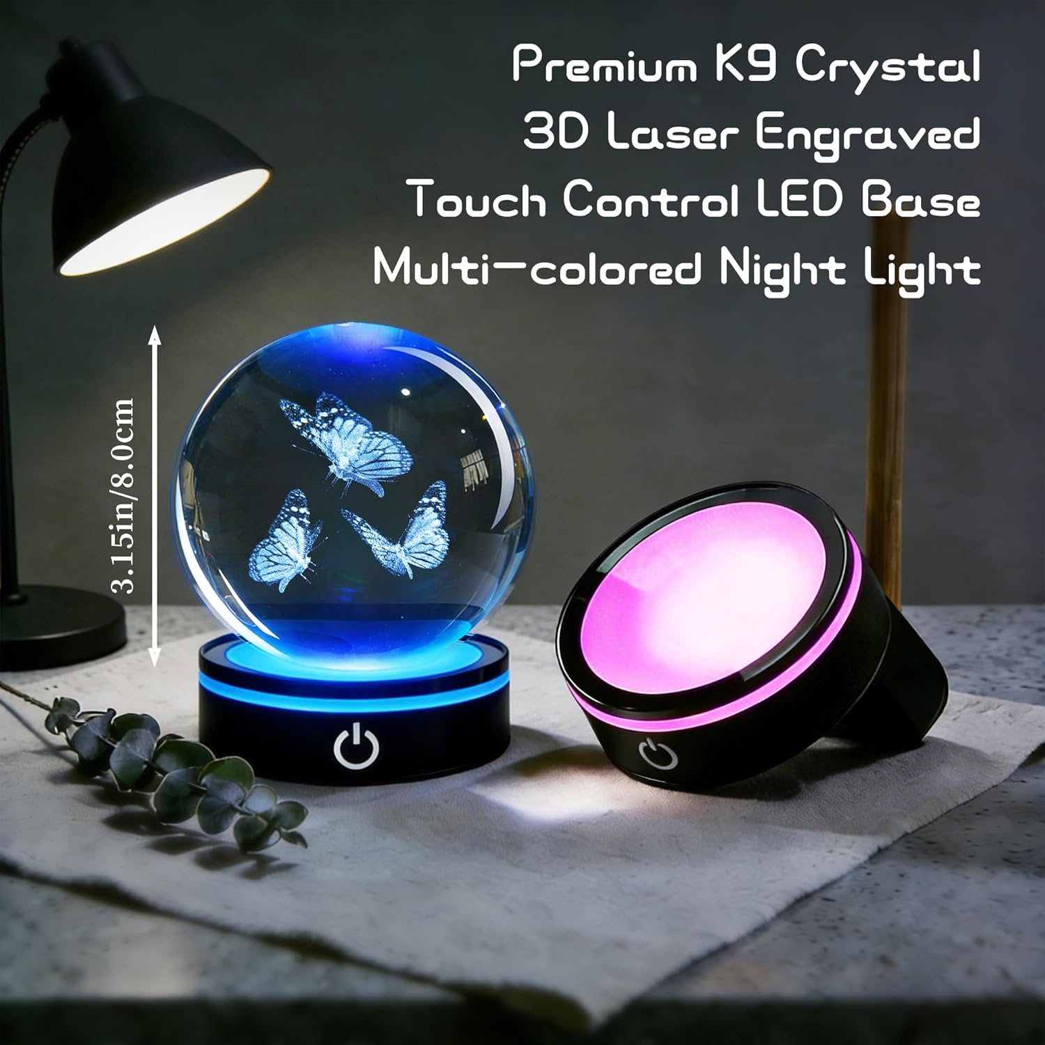 3D Butterfly Crystal Ball with LED Stand, 80mm Glass Sphere Night Light Lamp, Crystal Butterfly Figurines Collectibles Gifts for Women Girls Mom Kids