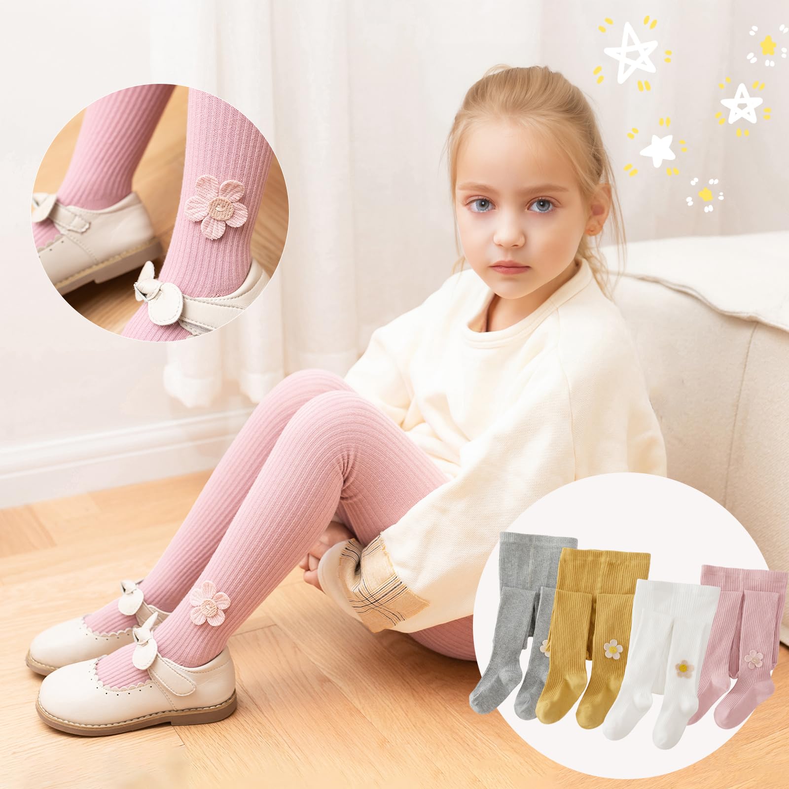 Collants Filles,2Pièces Collants Bébé Avec Jolie Décoration de Tournesol,Leggings Bas Sans Couture Collants Nouveau-né Gris/Gingembre/Rose/Blanc,2-9 Ans