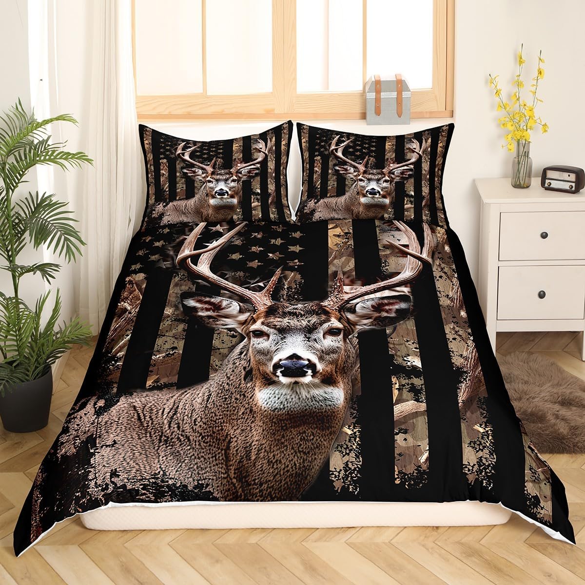 Feelyou Camo Deer Hunting Duvet Cover Set American Flag Antlers Bedding Set Kids Boys Girls Comforter Cover Botanical Tree Branches Quilt Cover 1 Duvet Cover with 1 Pillowcase Twin Size (No Comforter)