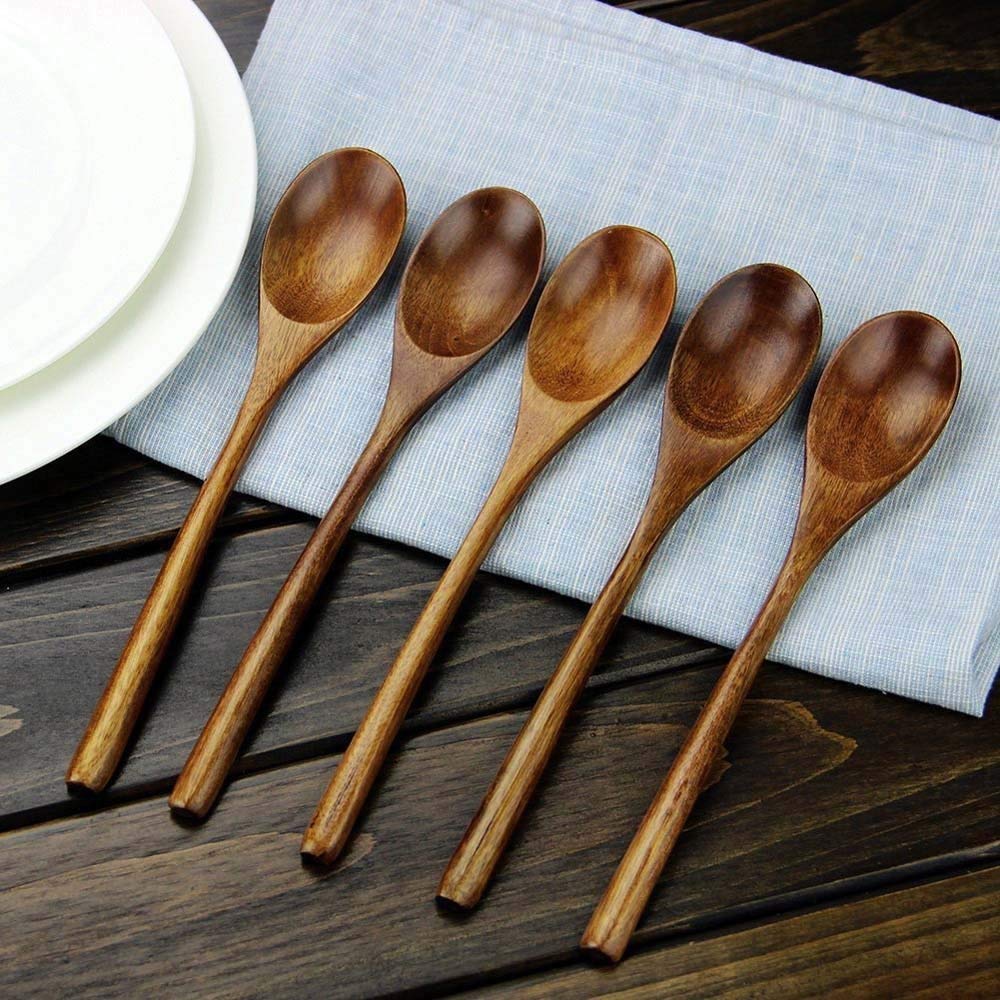 Cuillères à Soupe Cuillères Cuillère à Soupe en Bois Vaisselle écologique Ensemble de cuillères en Bois Ellipse Naturel Cuillère à Soupe Cuillère de Service,(5pcs)