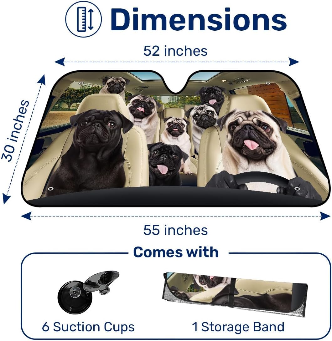 GENANY Cute Pug Dog Family Funny Windshield Sun Shade for Car SUV Truck (55x30 Inches), Sun Shade Windshield, Shades for Front Windows, Protector Blocks UV, Spring Car Decor