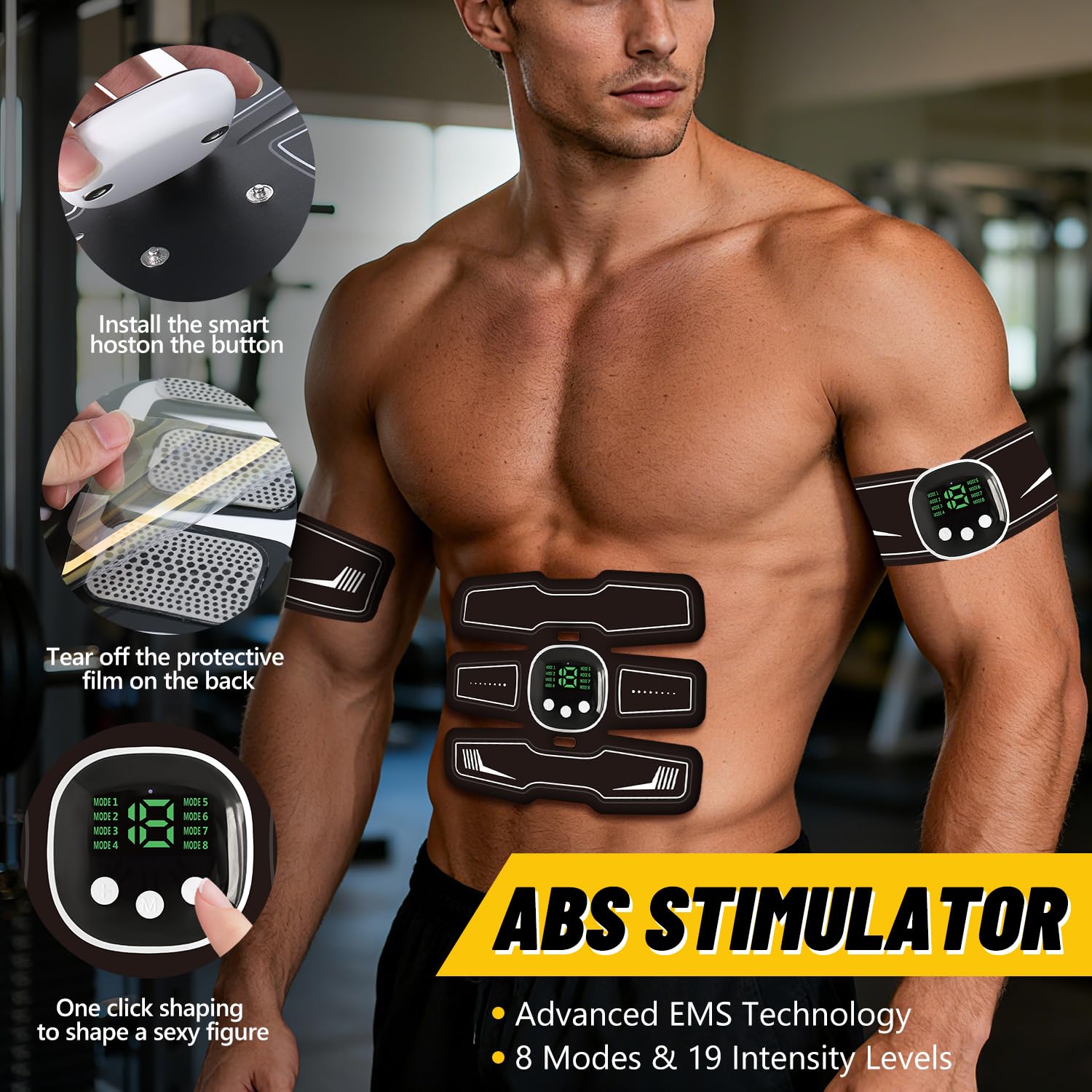 AILEDA Elettrostimolatore Muscolare, EMS Suscolo Addominale,LCD Display,Elettrostimolatore per Addominali,ABS Trainer/Toner per Addome/Braccio/Vita/Gambe 8 modalità 19 intensità