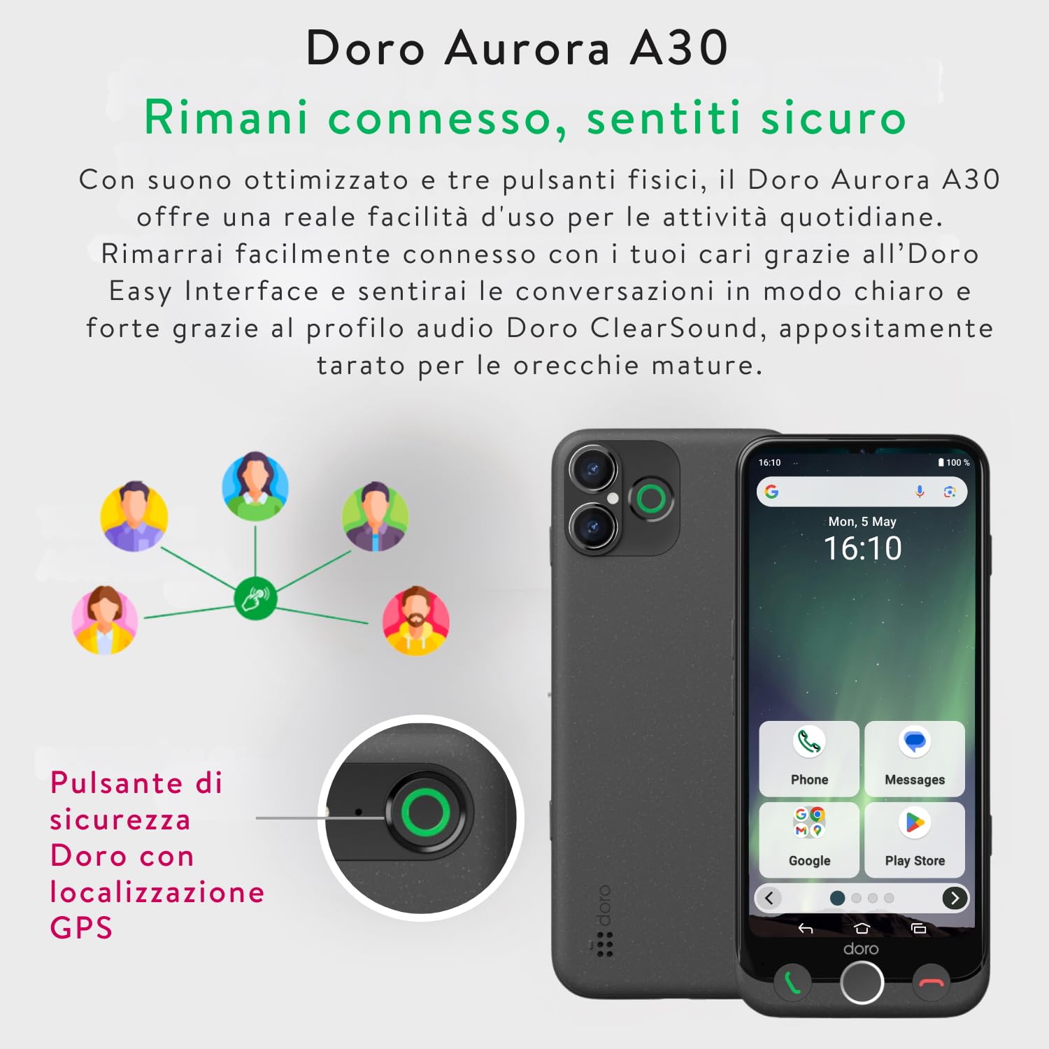 Doro Aurora A30 Smartphone Anziani con WhatsApp, Display Grande 6.1", Facile da Usare, Tasto SOS con GPS, Compatibile Apparecchi Acustici, Grafite